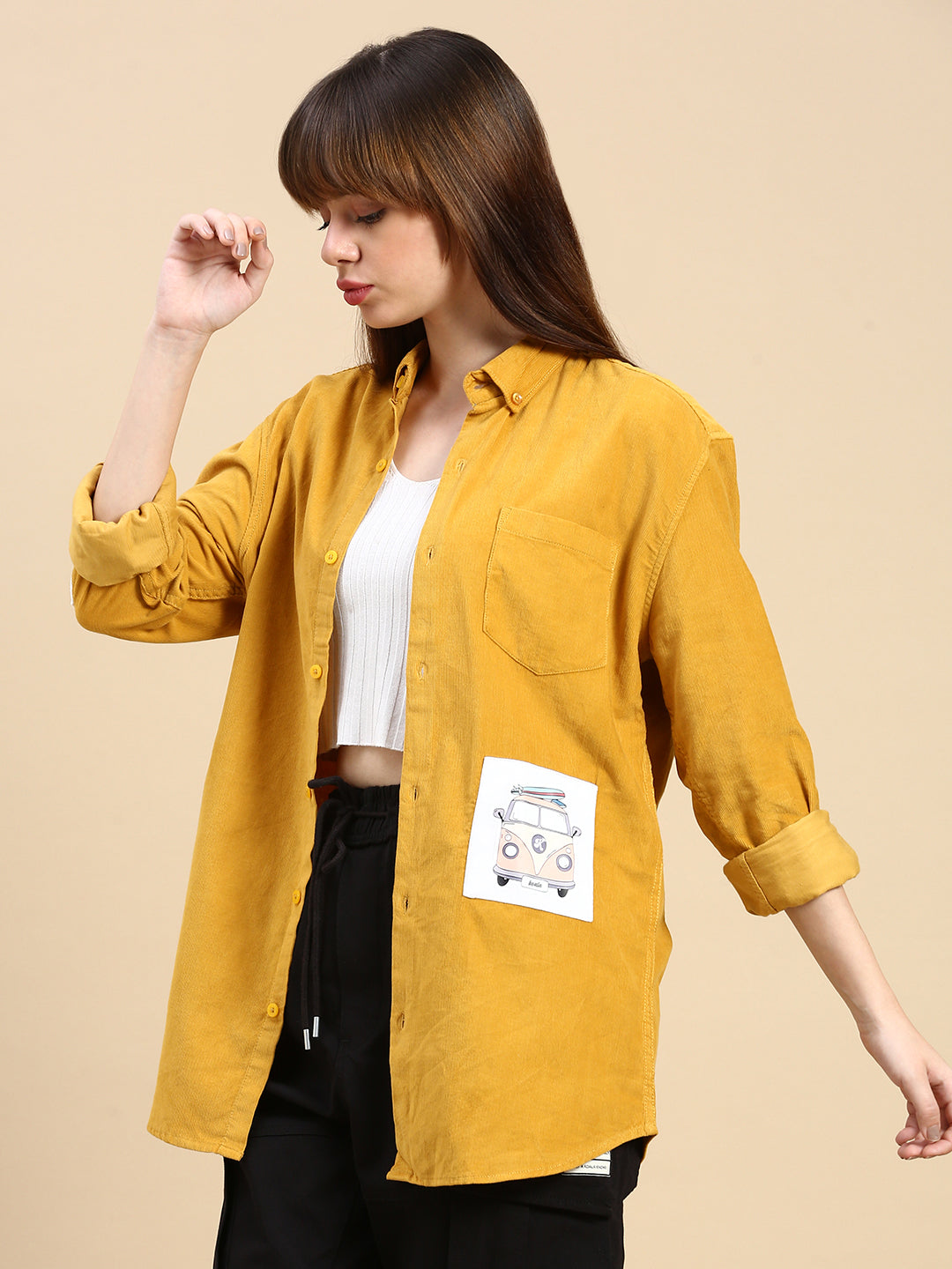 Relaxed Fit Yellow Appliqued Corduroy Shirt