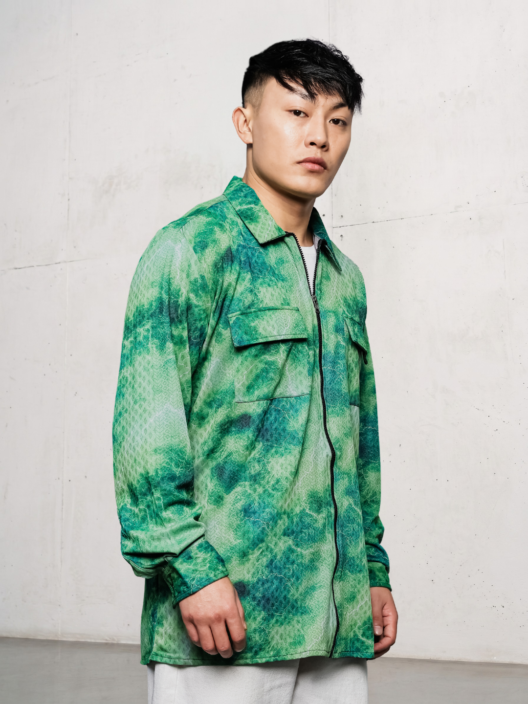 Grey & Green Abstract Printed Drop-Shoulder Relaxed Fit Shirt Zipper Shirt