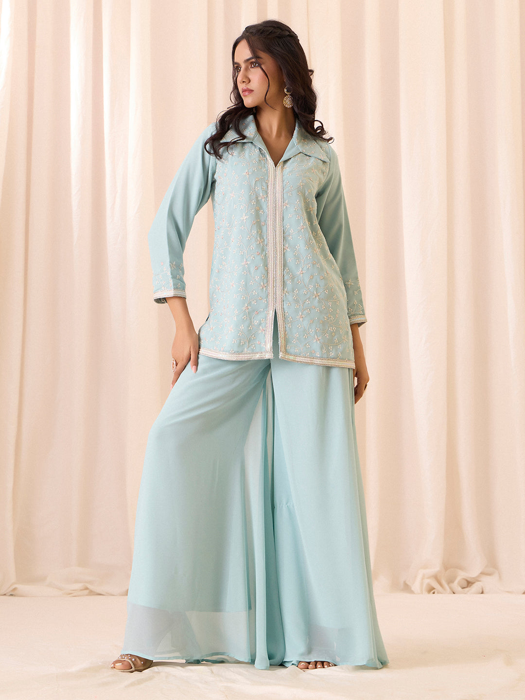 Sky Blue Embroidered Georgette Palazzo Set | Festive Ethnic Suit for Women | M-2563