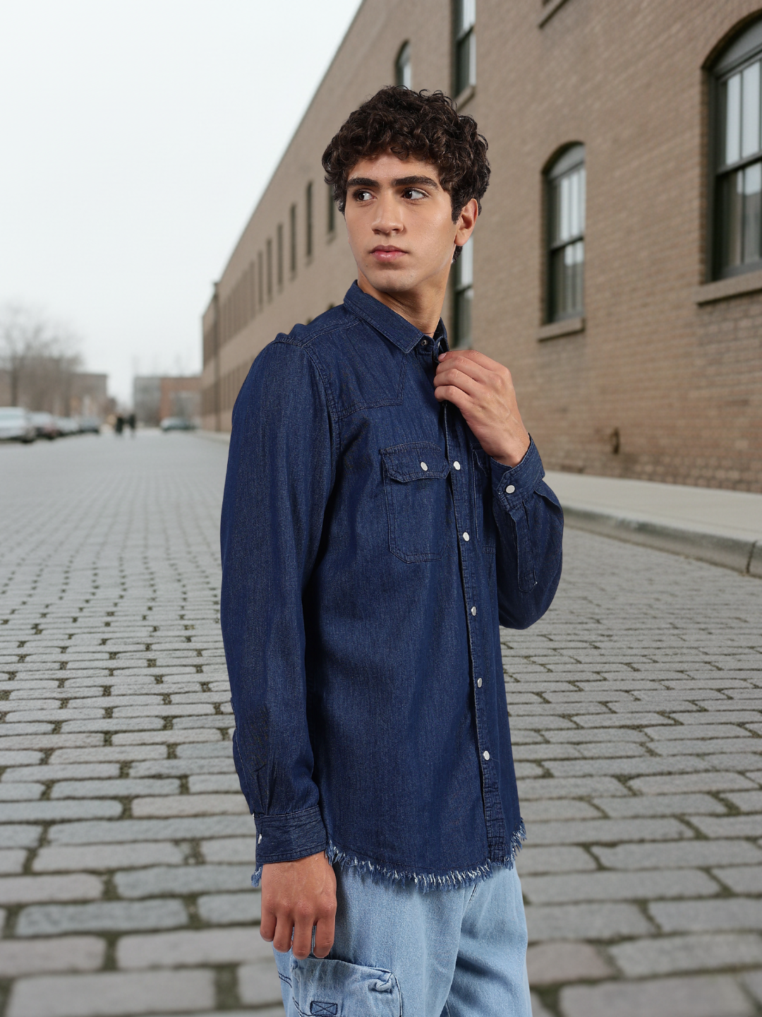Navy Blue Raw Edge Oversized Relaxed Fit Spread Collar Premium Denim Full Sleeve Shirt