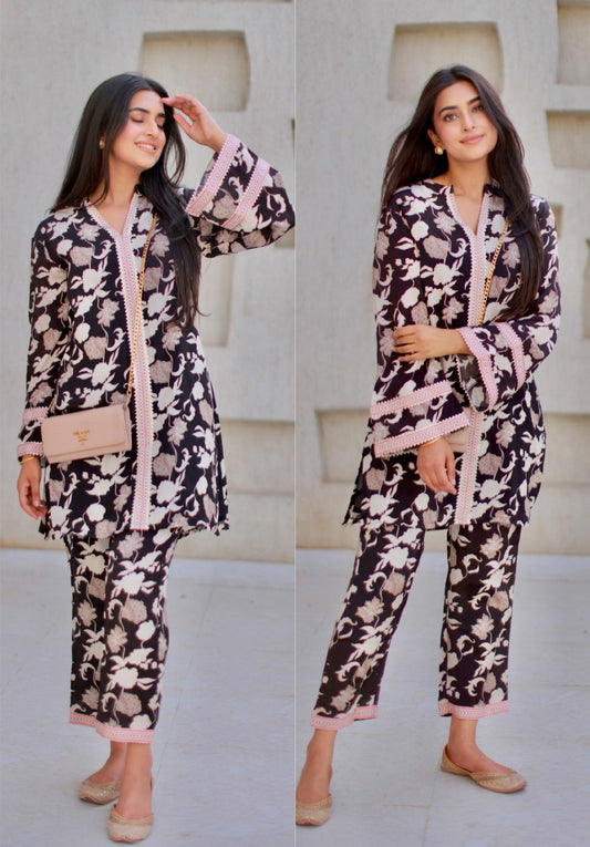 Black Floral Printed Crepe Coord Set