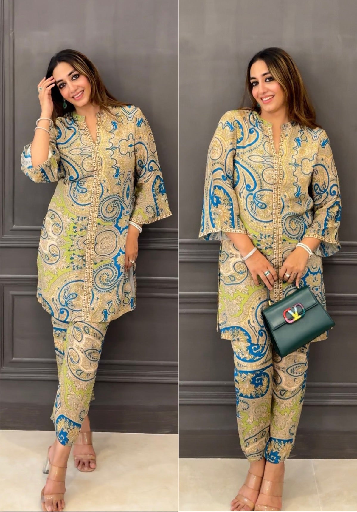 Green Paisley Printed Crepe Coord Set