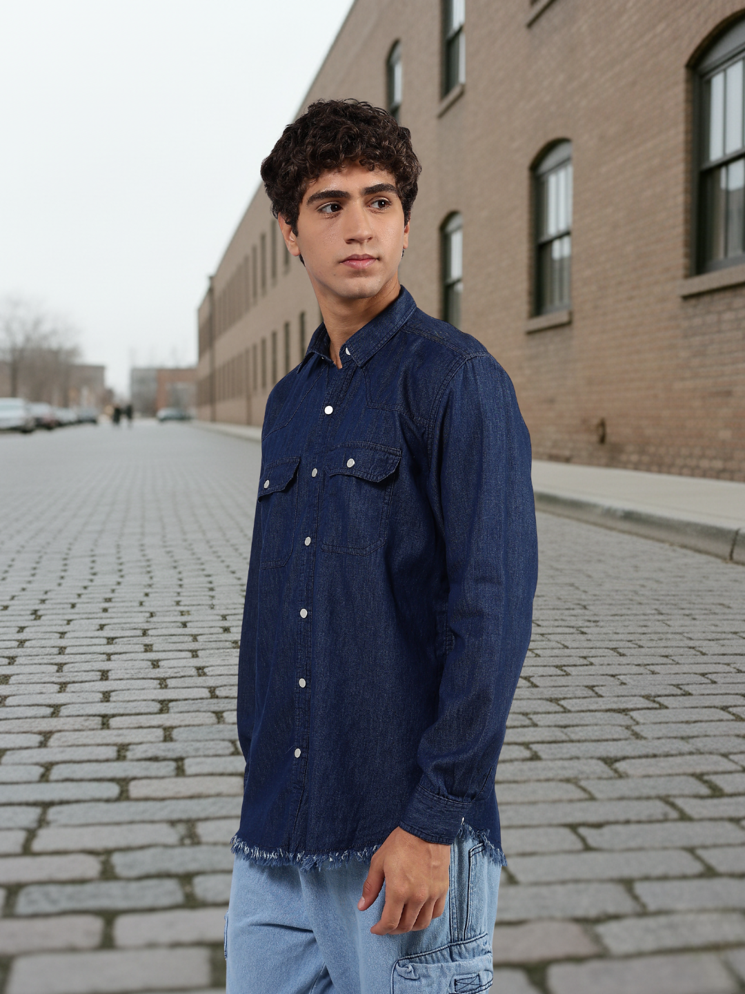Navy Blue Raw Edge Oversized Relaxed Fit Spread Collar Premium Denim Full Sleeve Shirt