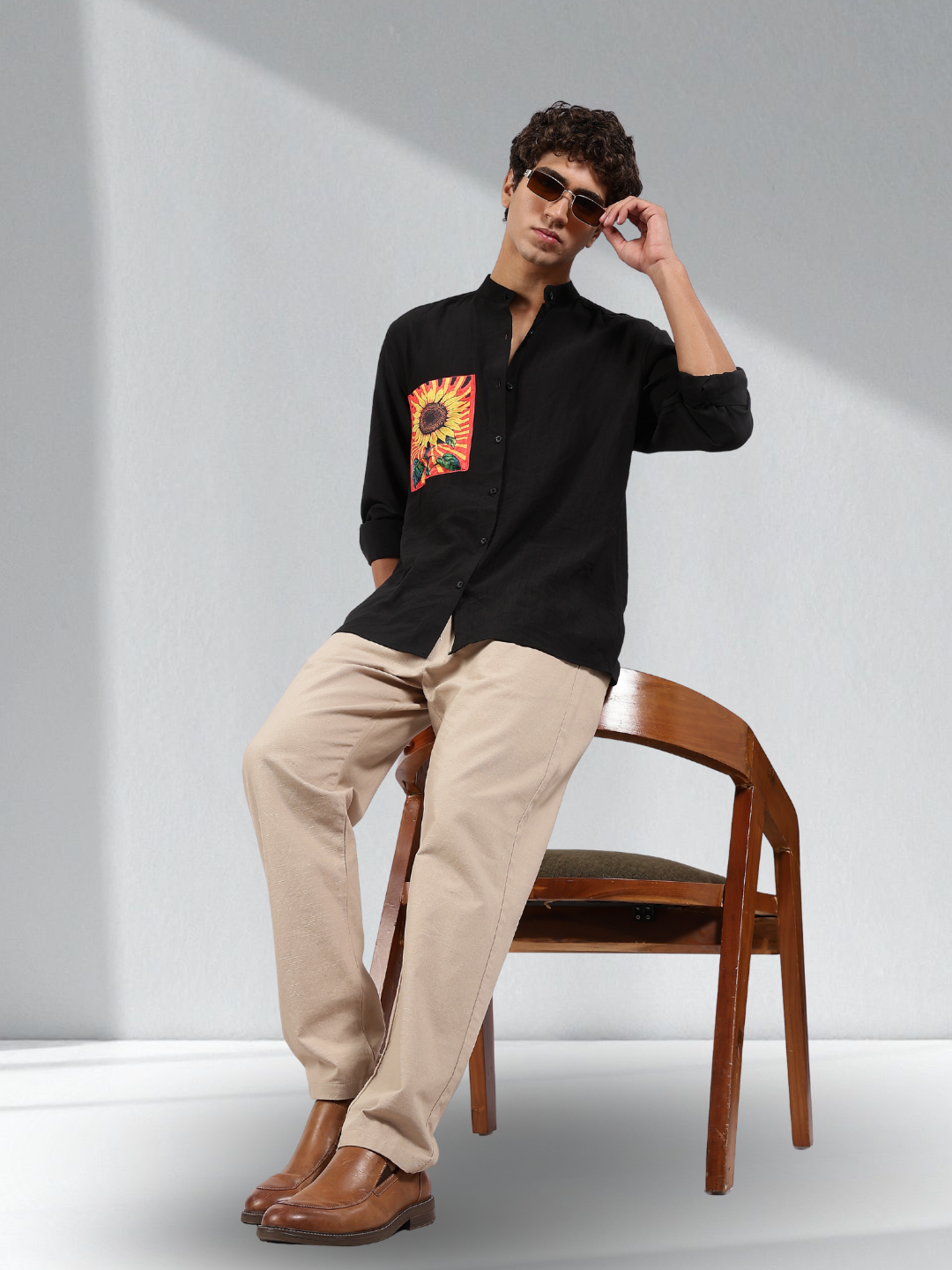 Black Mandarin Collar Premium Relaxed Fit Viscose Resort Shirt