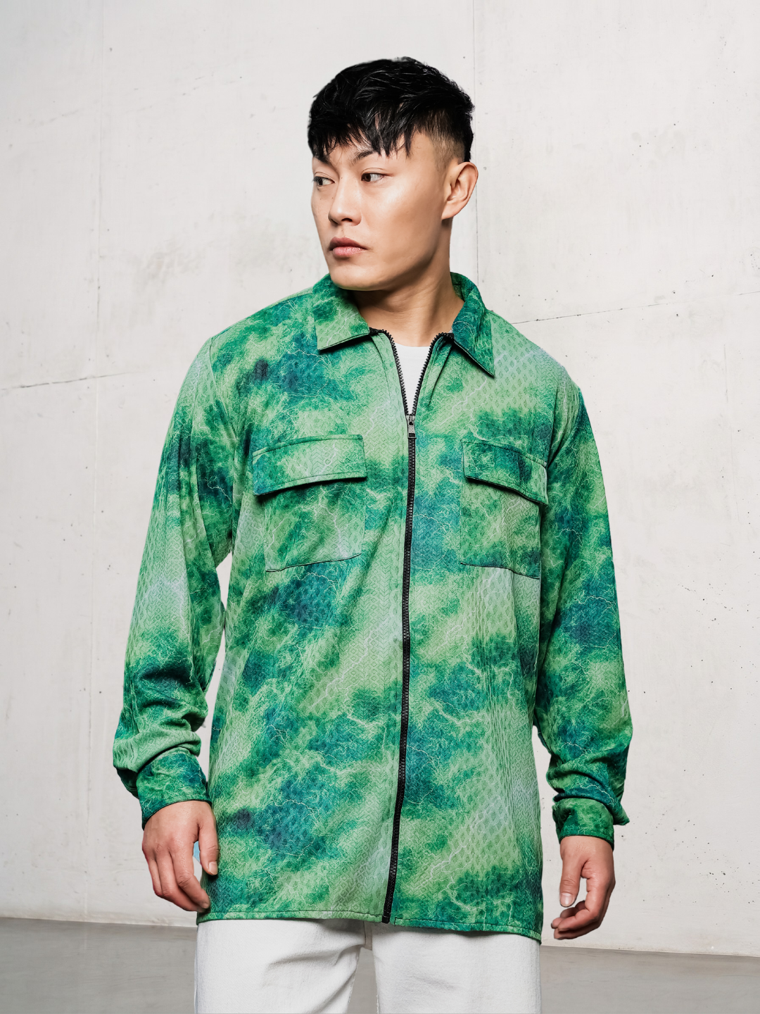 Grey & Green Abstract Printed Drop-Shoulder Relaxed Fit Shirt Zipper Shirt