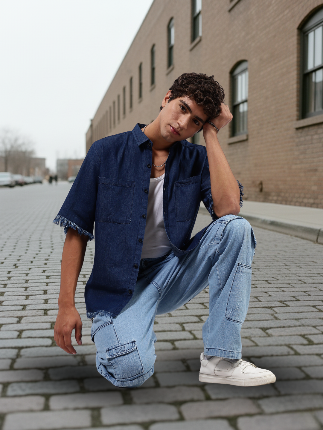 Navy Denim Raw Edge Oversized Box-Fit Spread Collar Half Sleeve Shirt