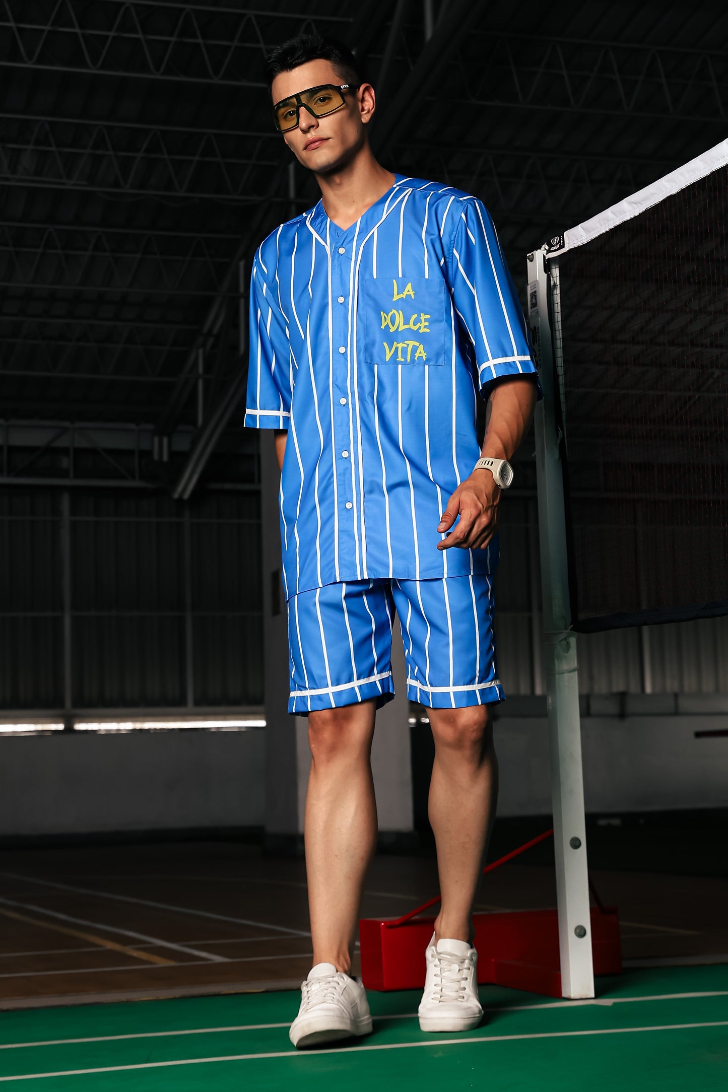 Men Stripe Printed Blue Classic Oversized Fit Baseball Shirt