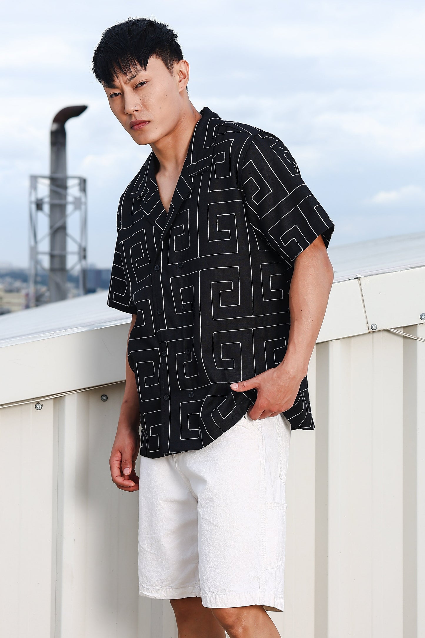 Linen Blend Black Korean Embroidered Notched Lapel Collar Resort Shirt