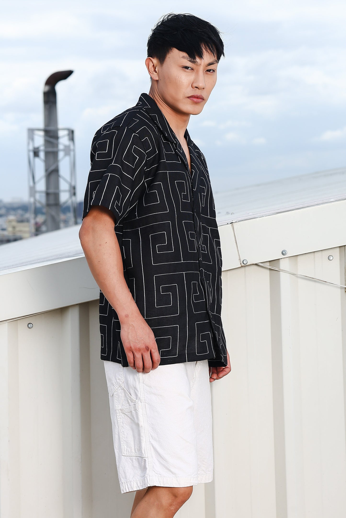 Linen Blend Black Korean Embroidered Notched Lapel Collar Resort Shirt