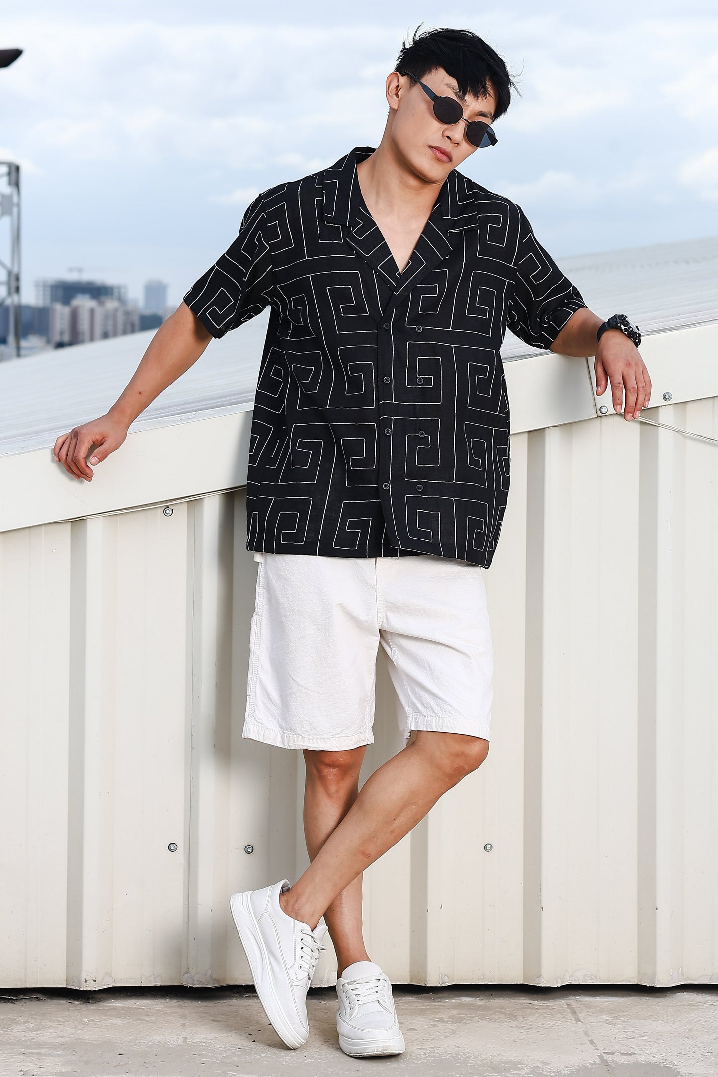 Linen Blend Black Korean Embroidered Notched Lapel Collar Resort Shirt