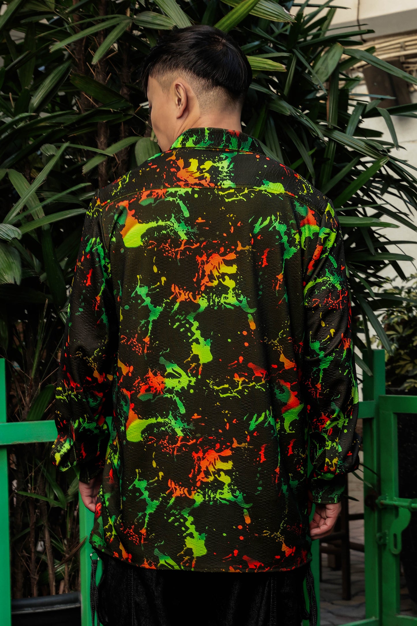 Black Abstract Printed Drop-Shoulder Relaxed Fit Shirt Zipper Shirt