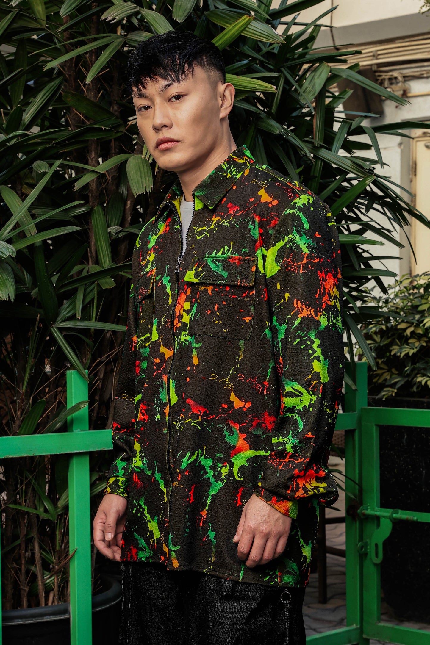 Black Abstract Printed Drop-Shoulder Relaxed Fit Shirt Zipper Shirt