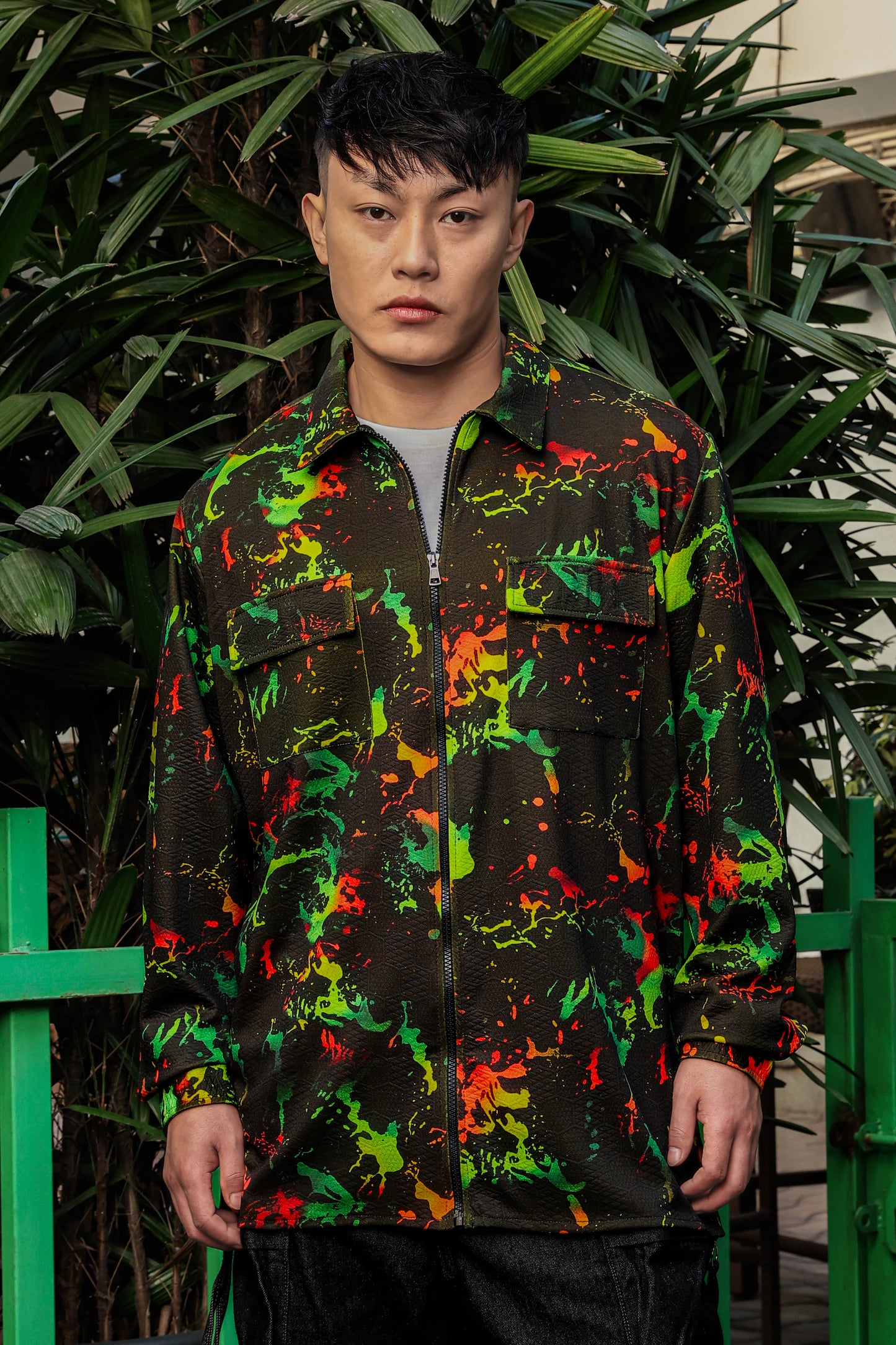 Black Abstract Printed Drop-Shoulder Relaxed Fit Shirt Zipper Shirt