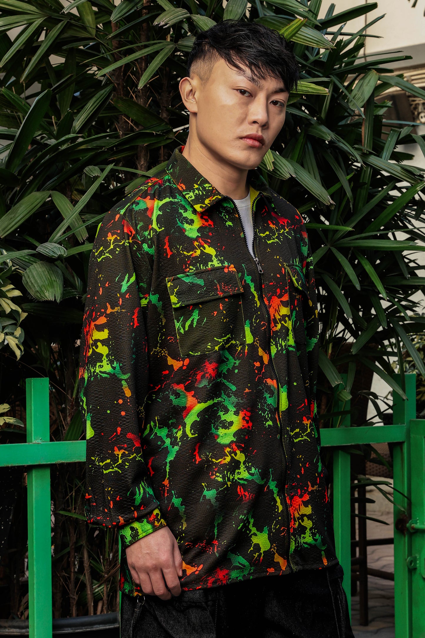Black Abstract Printed Drop-Shoulder Relaxed Fit Shirt Zipper Shirt
