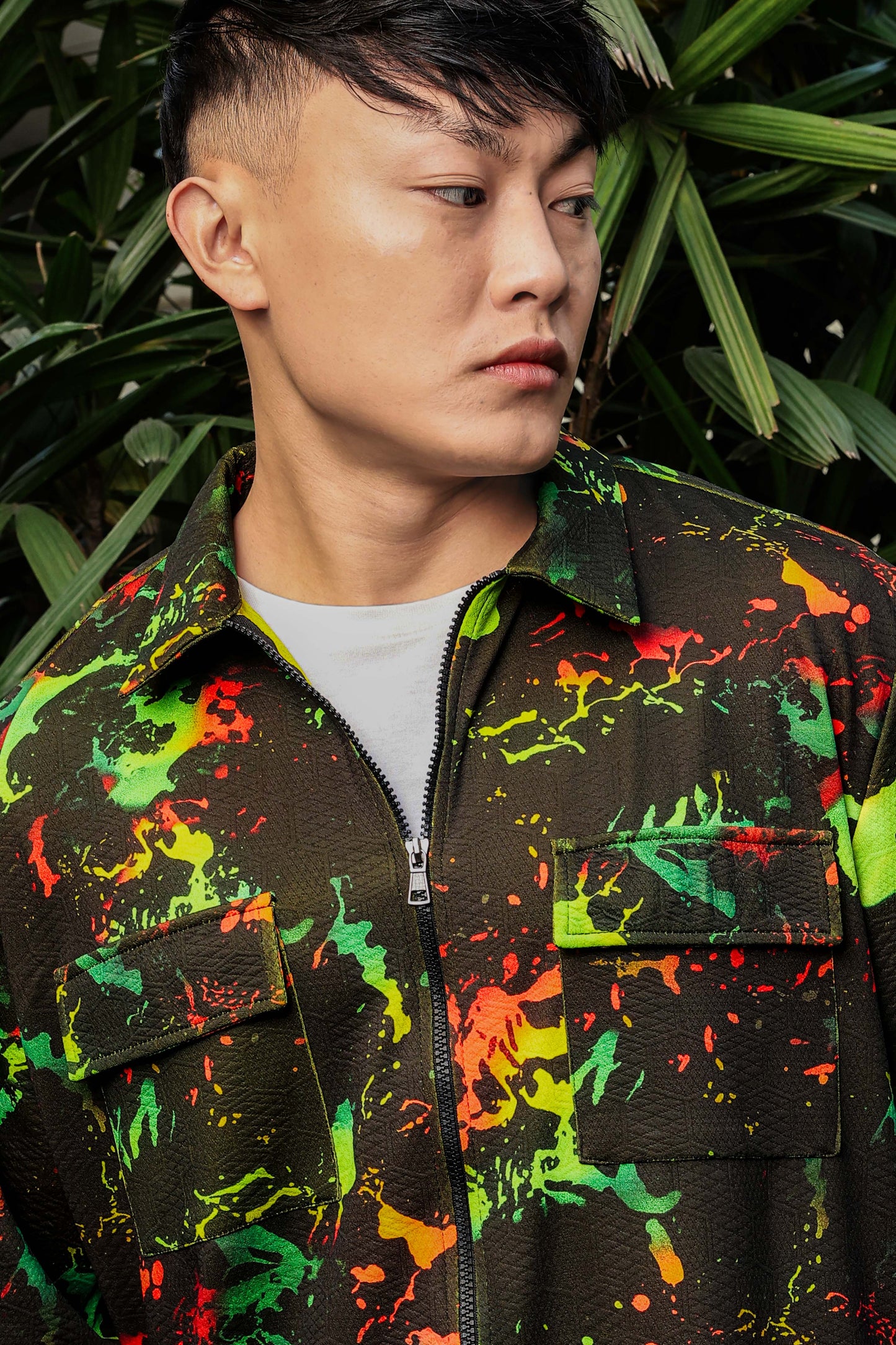 Black Abstract Printed Drop-Shoulder Relaxed Fit Shirt Zipper Shirt