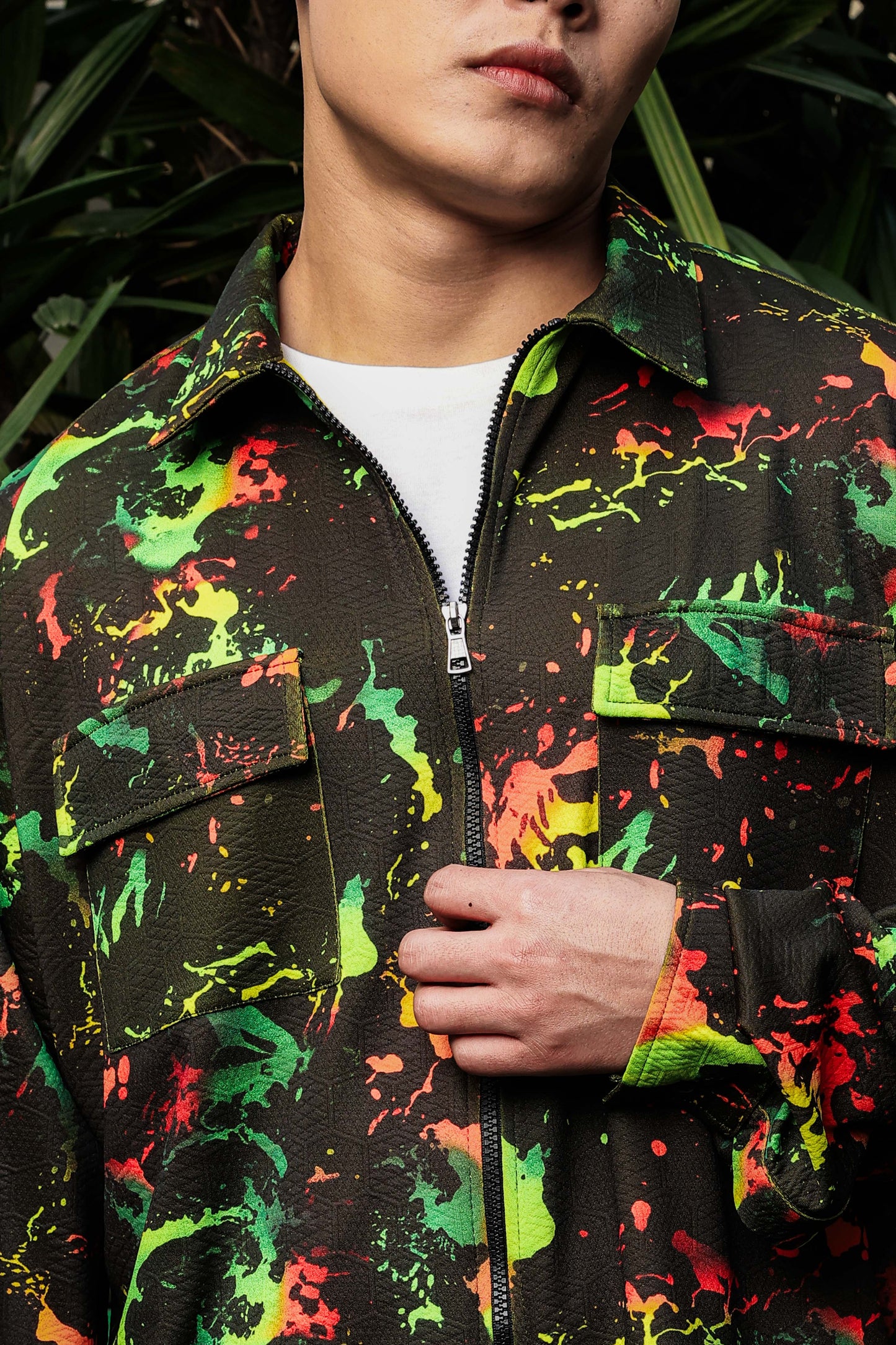 Black Abstract Printed Drop-Shoulder Relaxed Fit Shirt Zipper Shirt