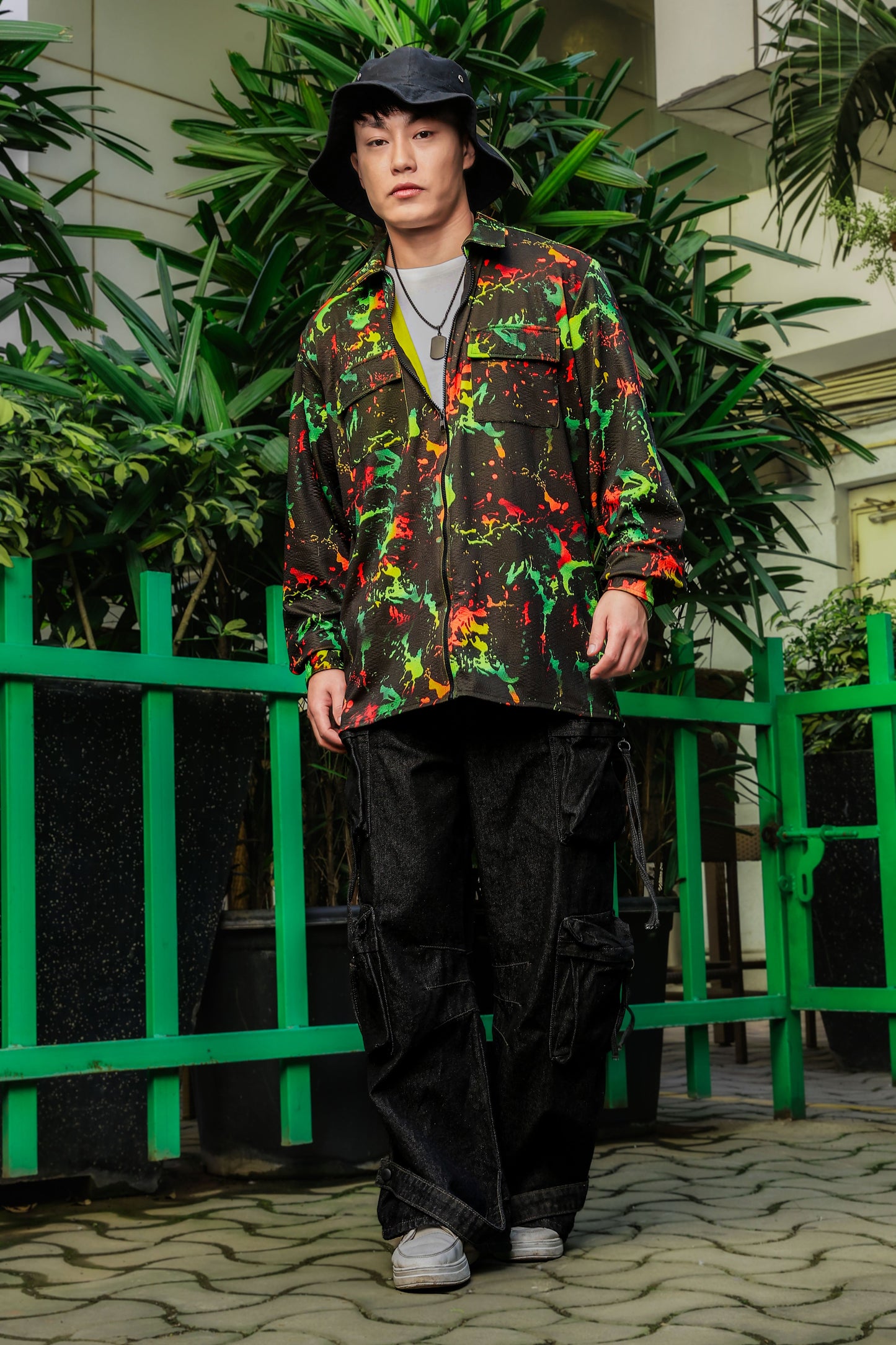Black Abstract Printed Drop-Shoulder Relaxed Fit Shirt Zipper Shirt