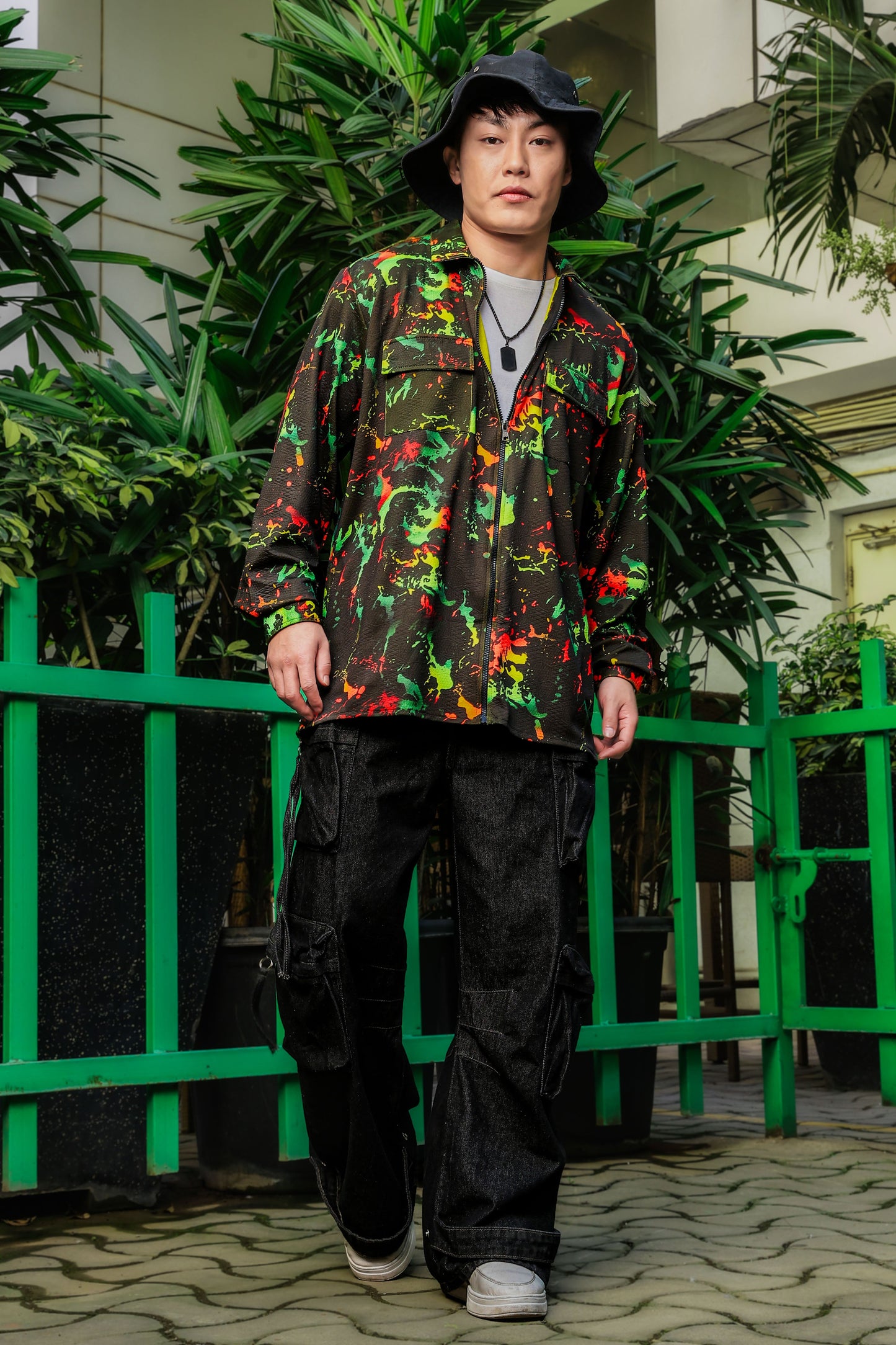 Black Abstract Printed Drop-Shoulder Relaxed Fit Shirt Zipper Shirt