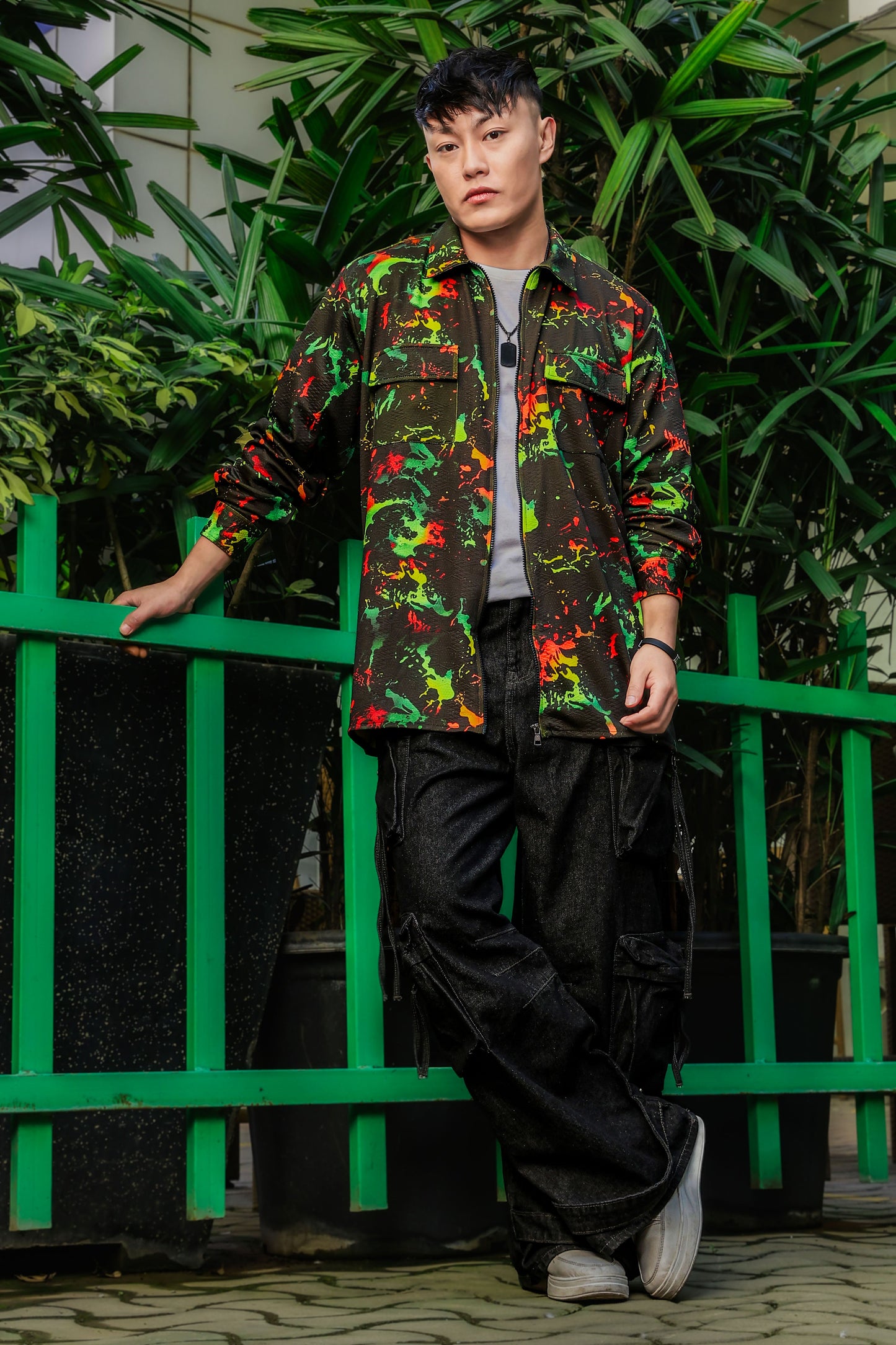 Black Abstract Printed Drop-Shoulder Relaxed Fit Shirt Zipper Shirt