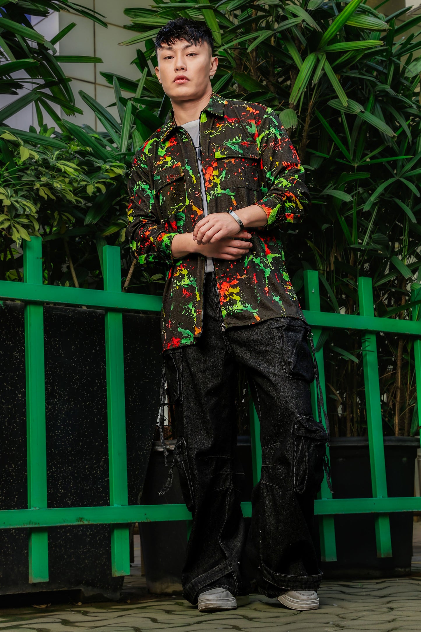Black Abstract Printed Drop-Shoulder Relaxed Fit Shirt Zipper Shirt