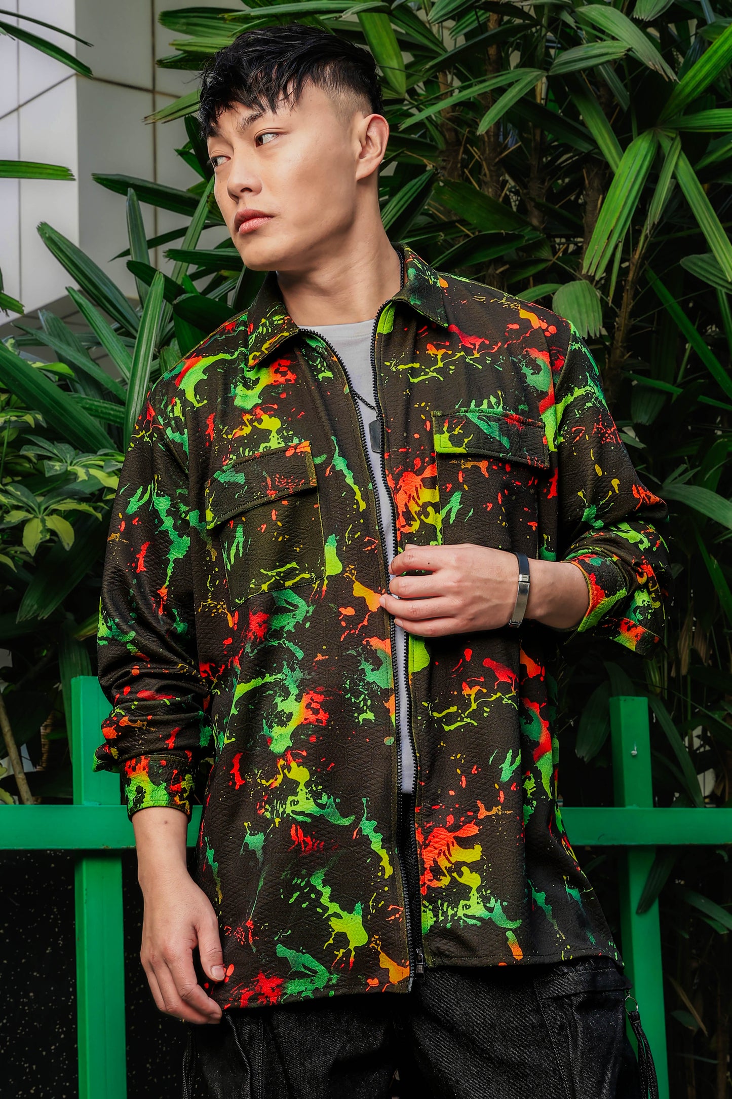 Black Abstract Printed Drop-Shoulder Relaxed Fit Shirt Zipper Shirt