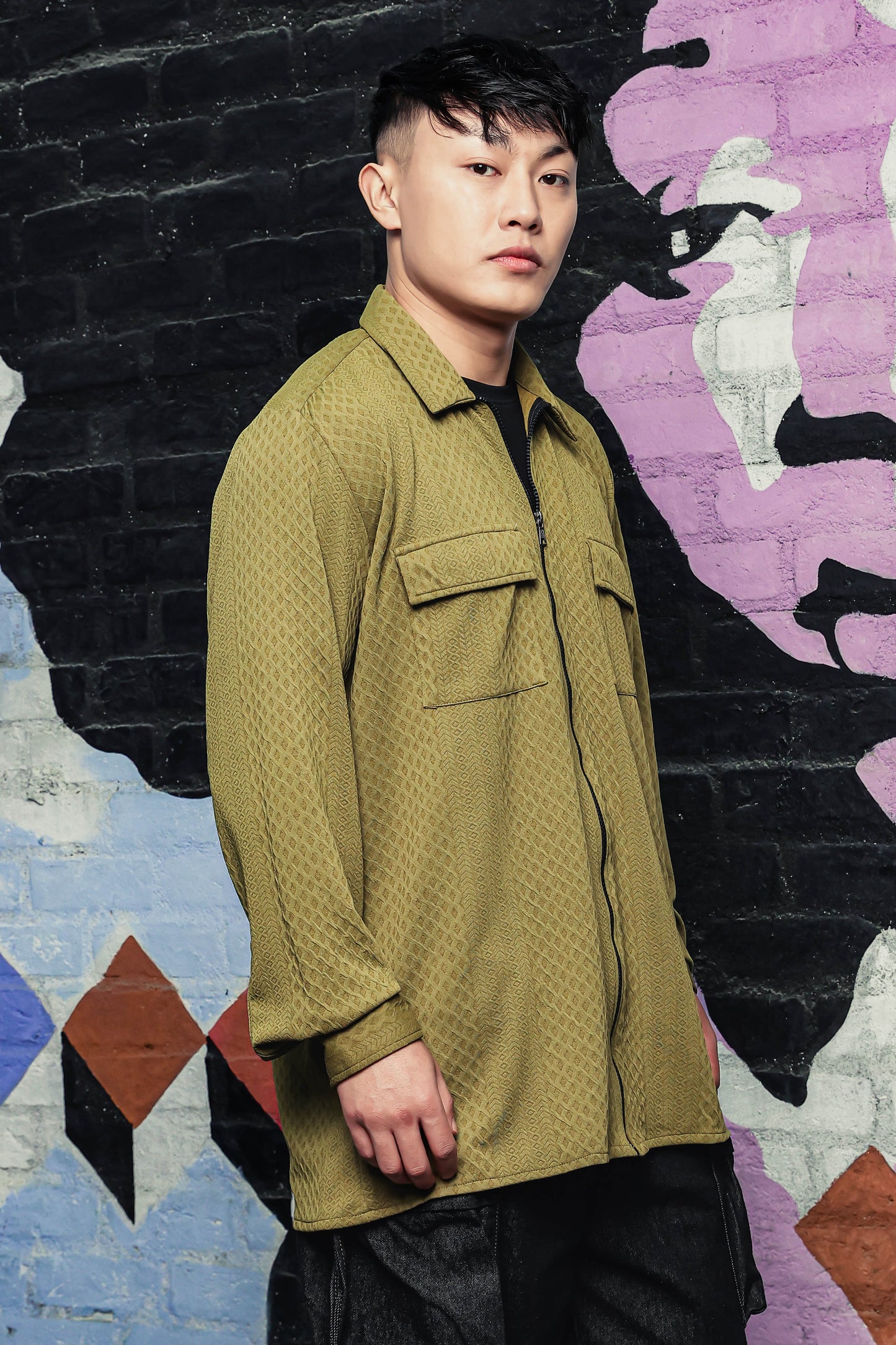 Olive Textured Drop-Shoulder Relaxed Fit Shirt Zipper Shacket