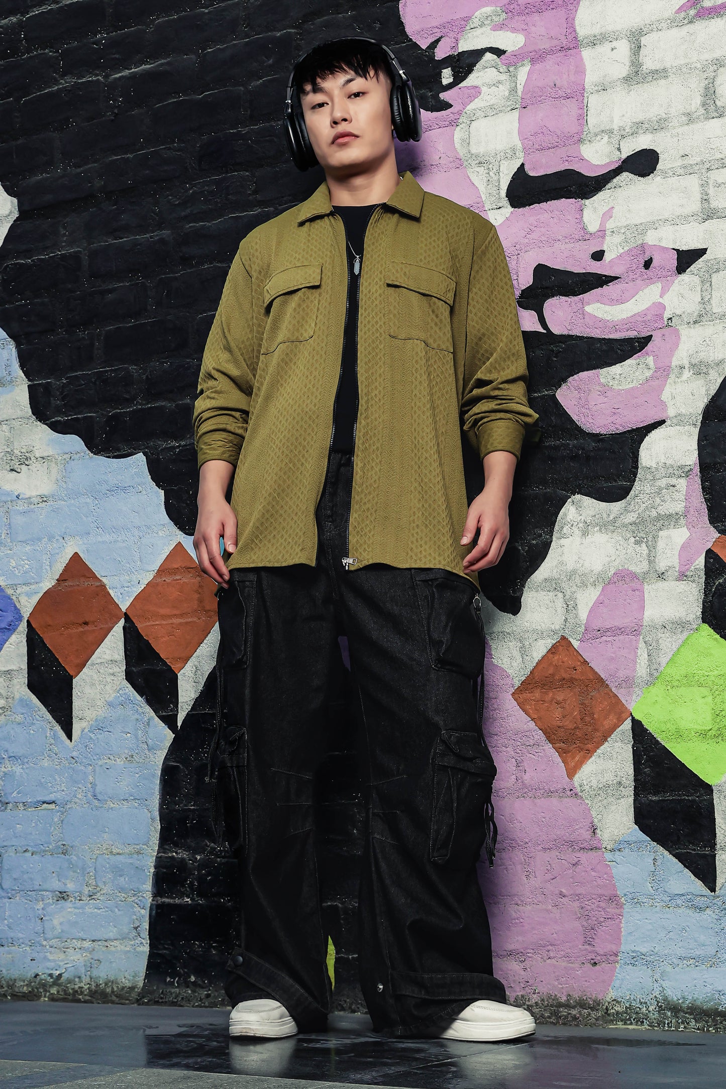 Olive Textured Drop-Shoulder Relaxed Fit Shirt Zipper Shacket