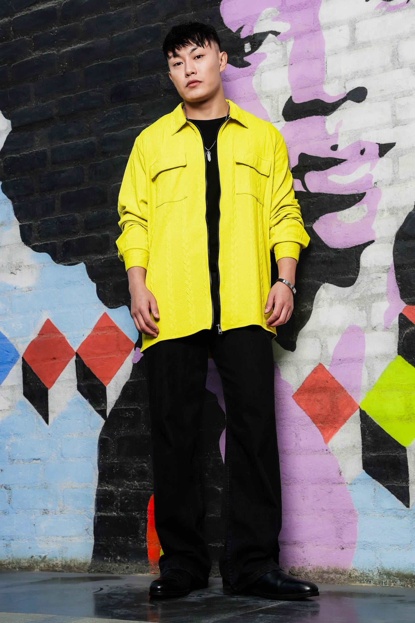 Neon Green Textured Drop-Shoulder Relaxed Fit Shirt  Zipper Shirt