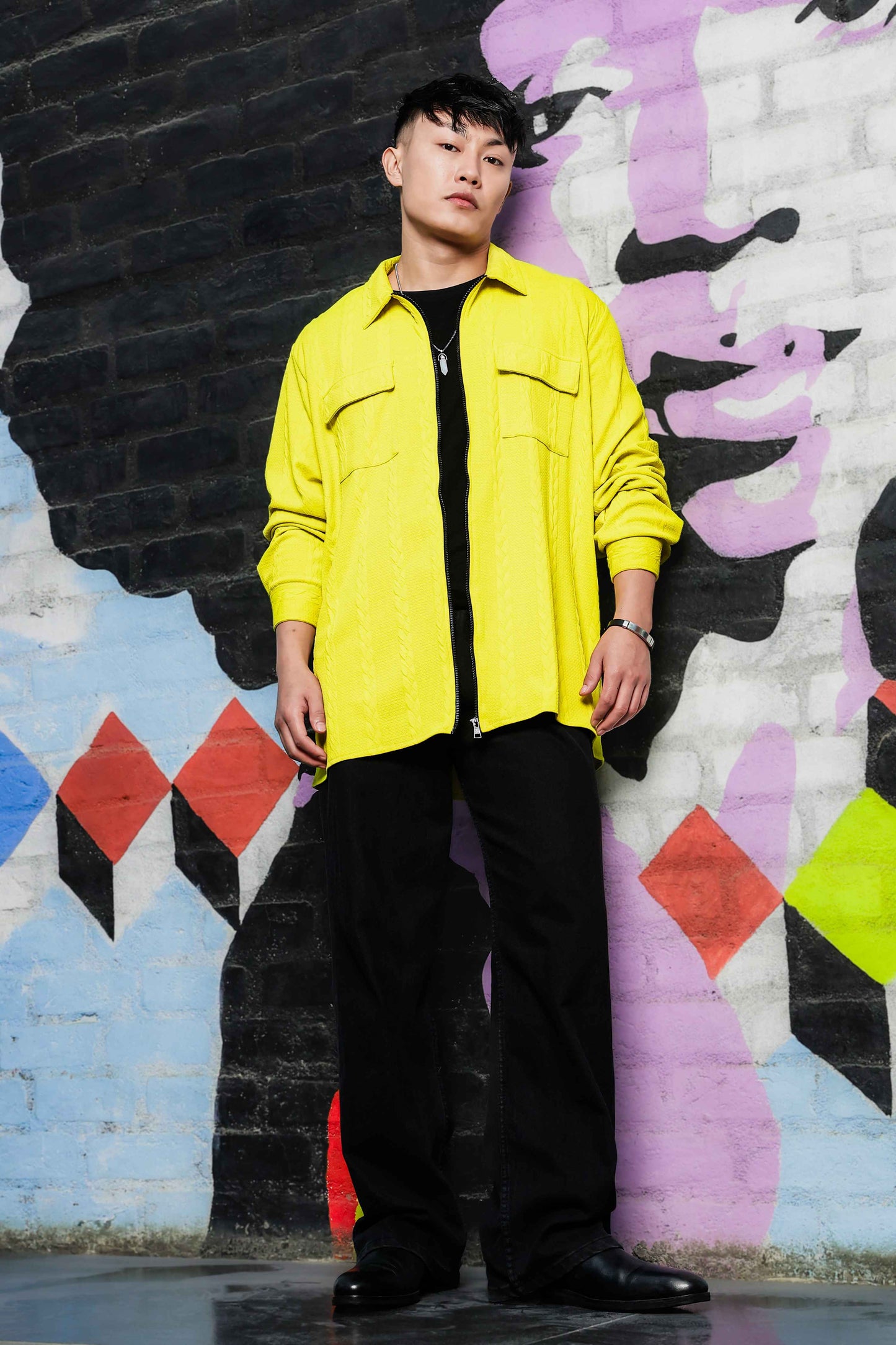 Neon Green Textured Drop-Shoulder Relaxed Fit Shirt  Zipper Shirt