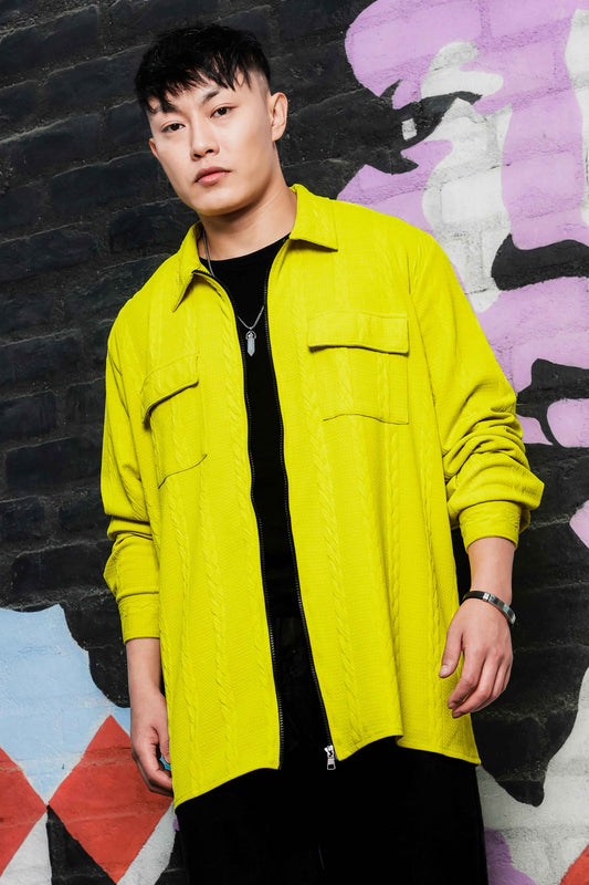 Neon Green Textured Drop-Shoulder Relaxed Fit Shirt  Zipper Shirt