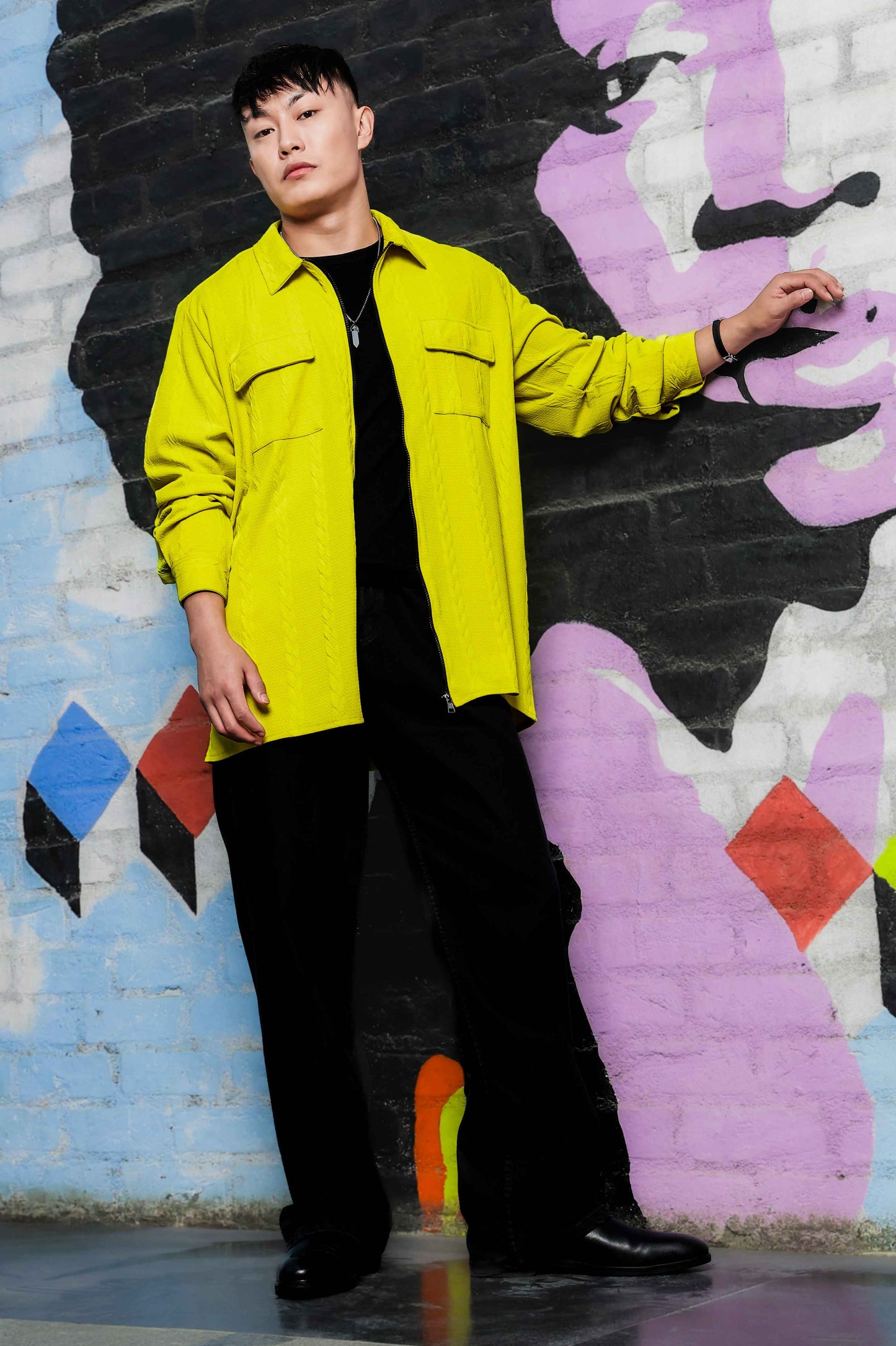 Neon Green Textured Drop-Shoulder Relaxed Fit Shirt  Zipper Shirt