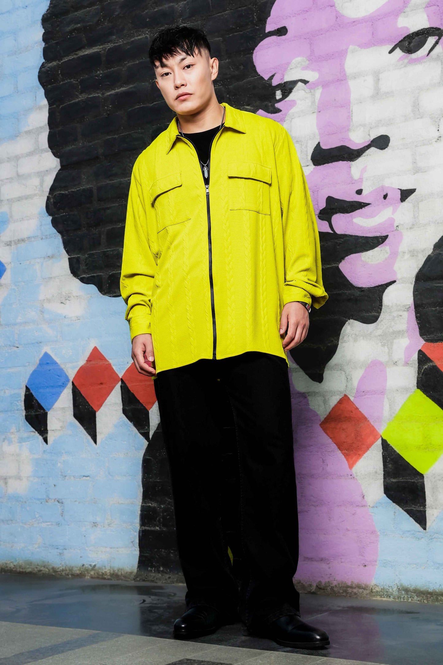Neon Green Textured Drop-Shoulder Relaxed Fit Shirt  Zipper Shirt