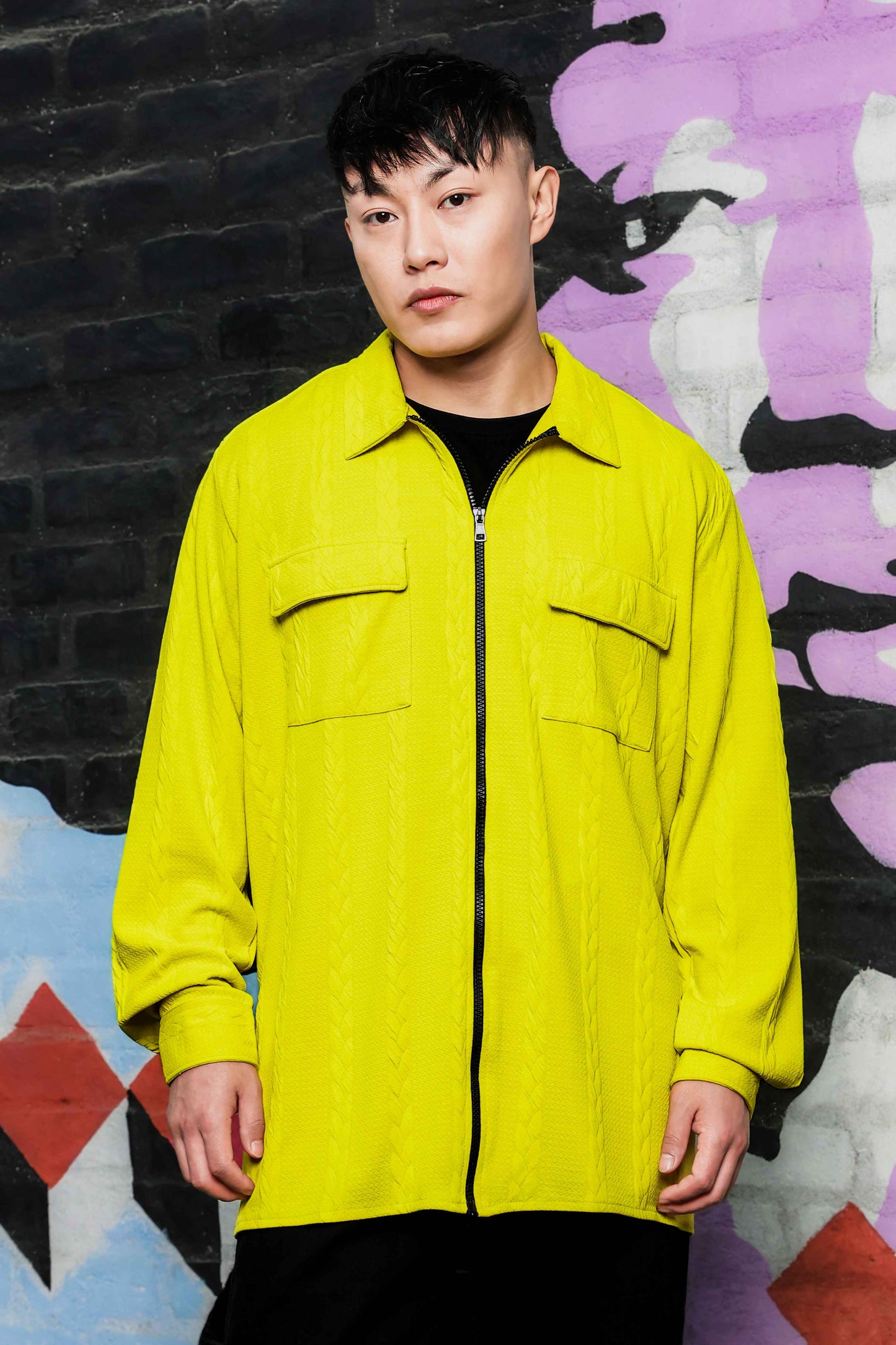 Neon Green Textured Drop-Shoulder Relaxed Fit Shirt  Zipper Shirt