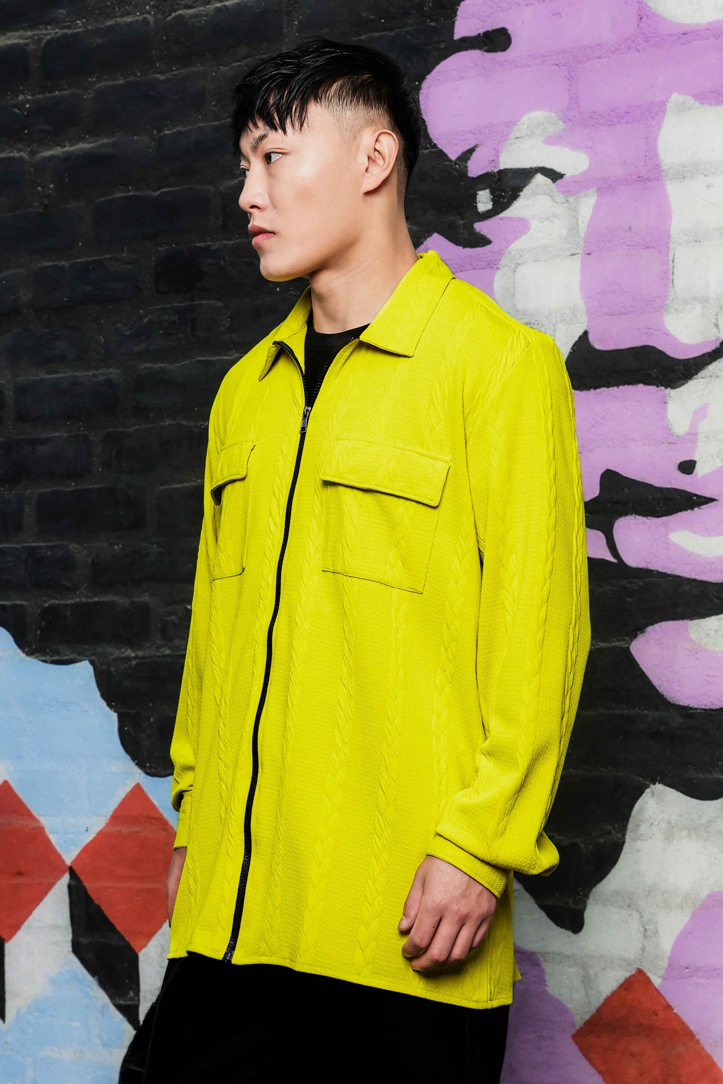 Neon Green Textured Drop-Shoulder Relaxed Fit Shirt  Zipper Shirt
