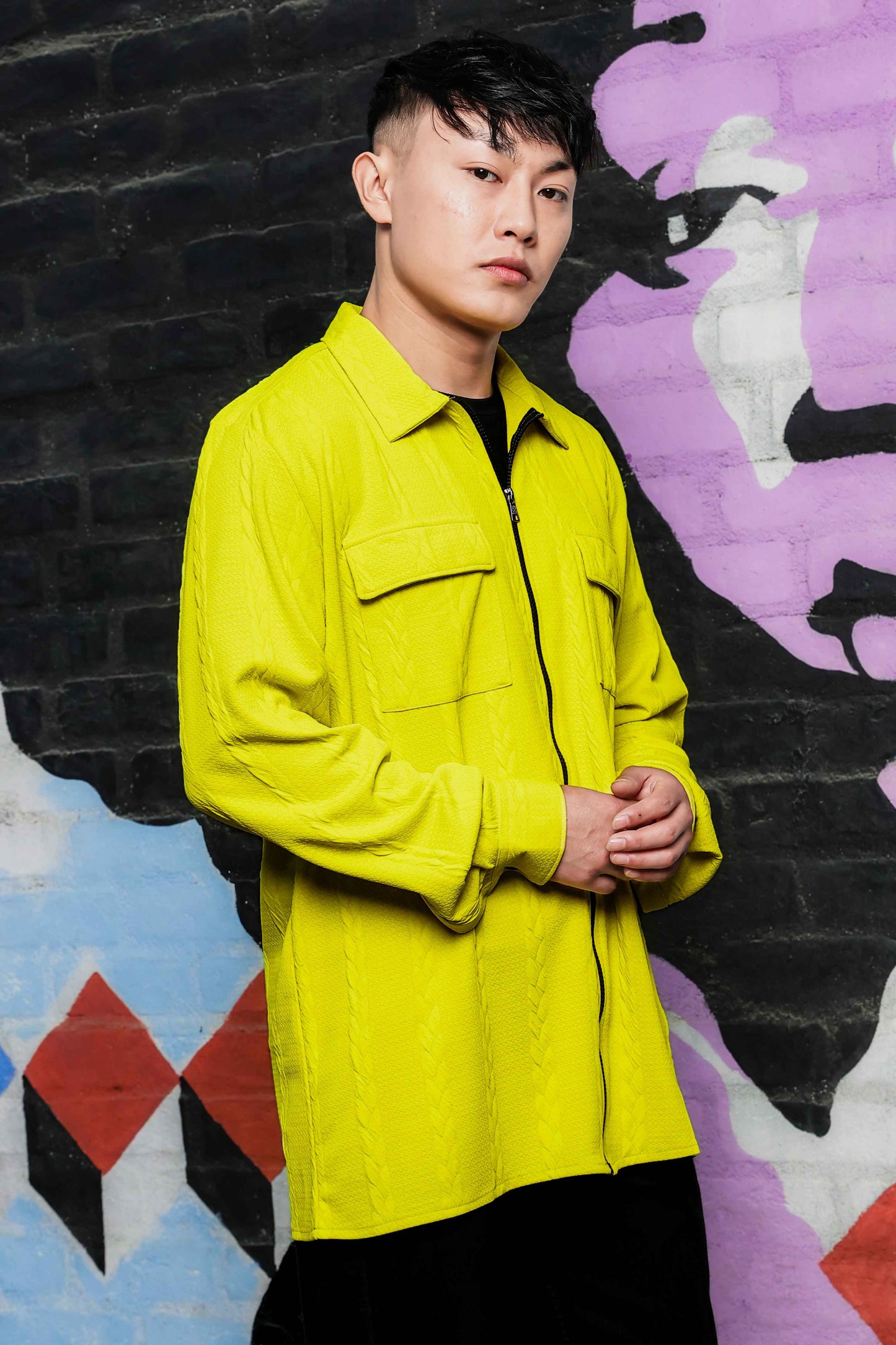 Neon Green Textured Drop-Shoulder Relaxed Fit Shirt  Zipper Shirt