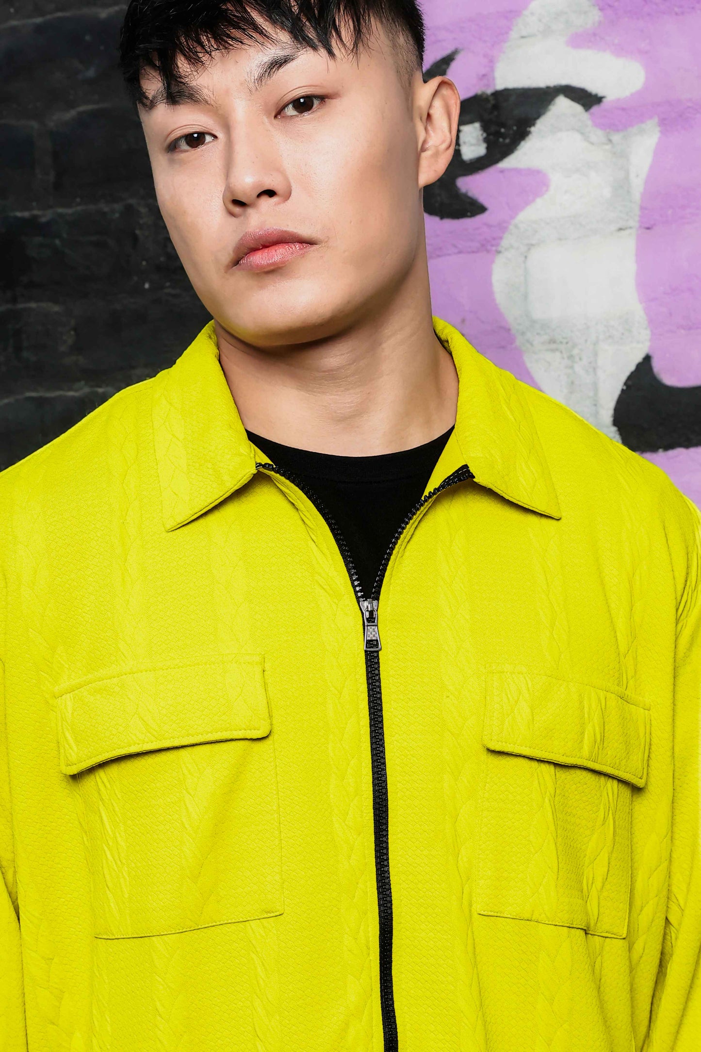 Neon Green Textured Drop-Shoulder Relaxed Fit Shirt  Zipper Shirt