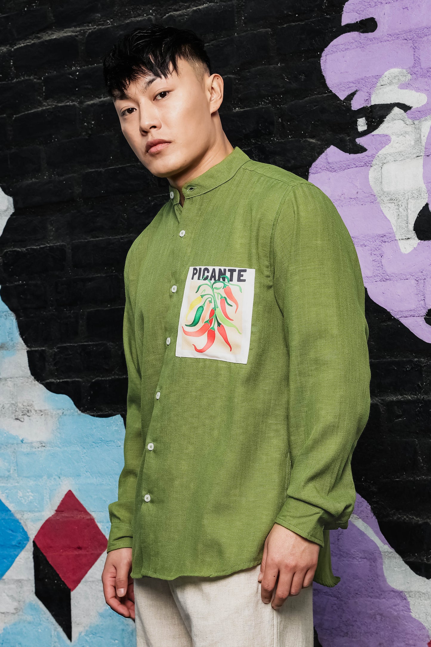 Linen Blend Olive Matcha Mandarin Collar Relaxed Fit Shirt