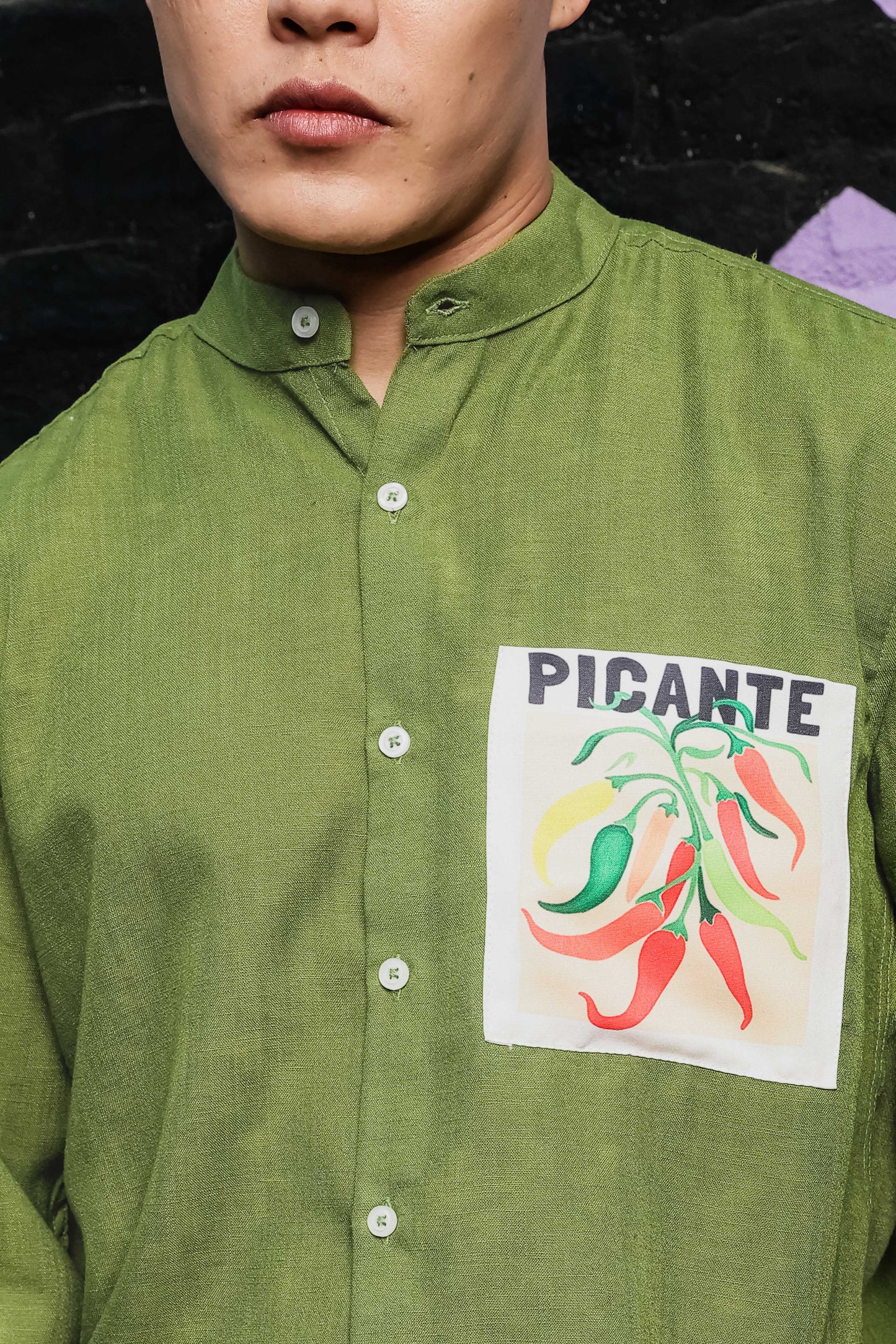 Linen Blend Olive Matcha Mandarin Collar Relaxed Fit Shirt