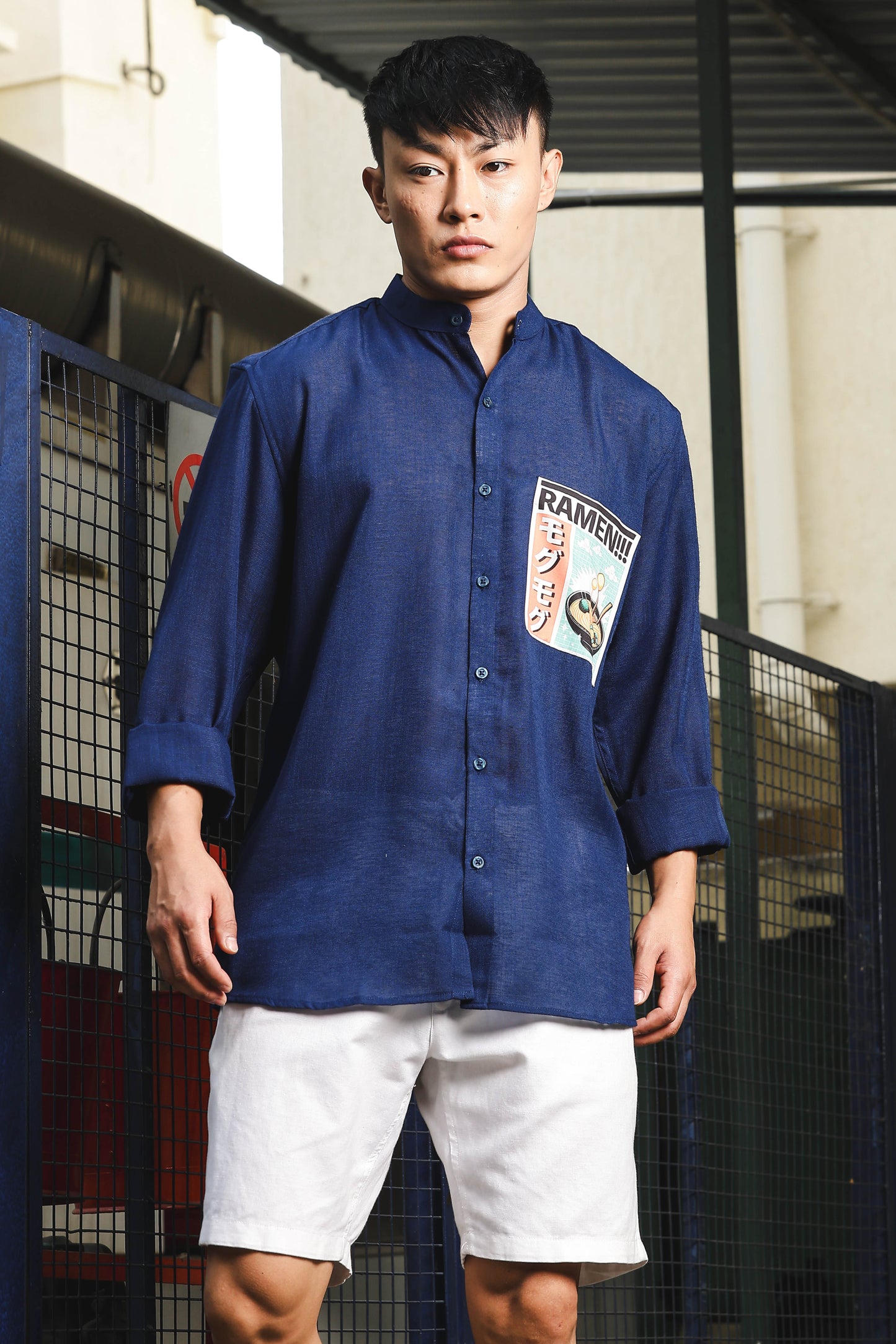 Linen Blend Blue Mandarin Collar Relaxed Fit Shirt with Applique Pocket