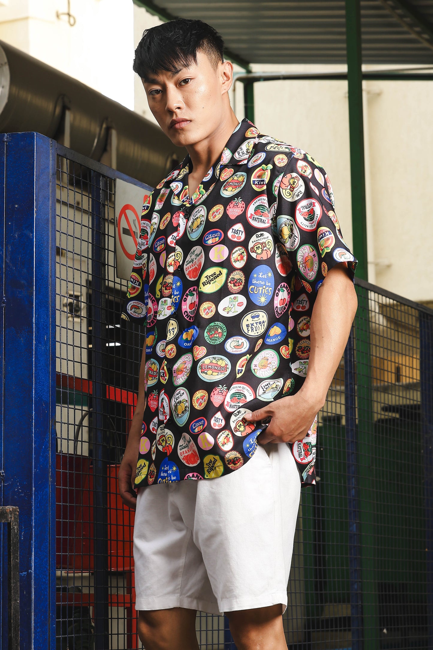 Black Quirk Stamp Printed  Classic Relaxed Fit Resort Shirt
