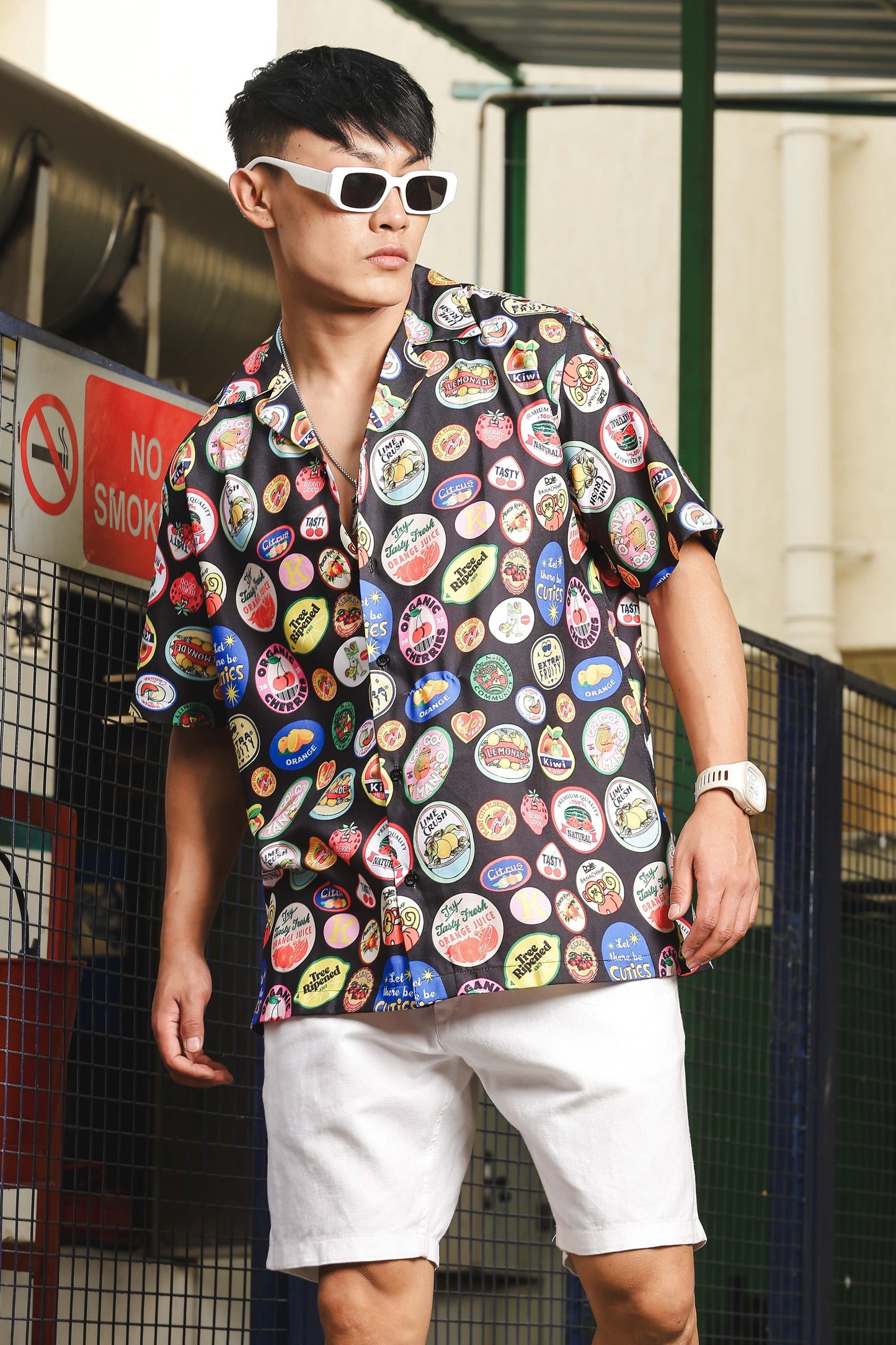 Black Quirk Stamp Printed  Classic Relaxed Fit Resort Shirt