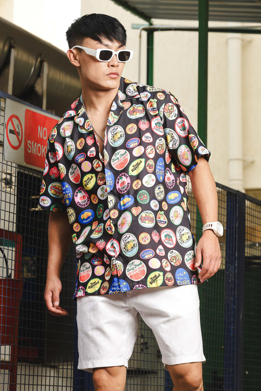 Black Quirk Stamp Printed  Classic Relaxed Fit Resort Shirt
