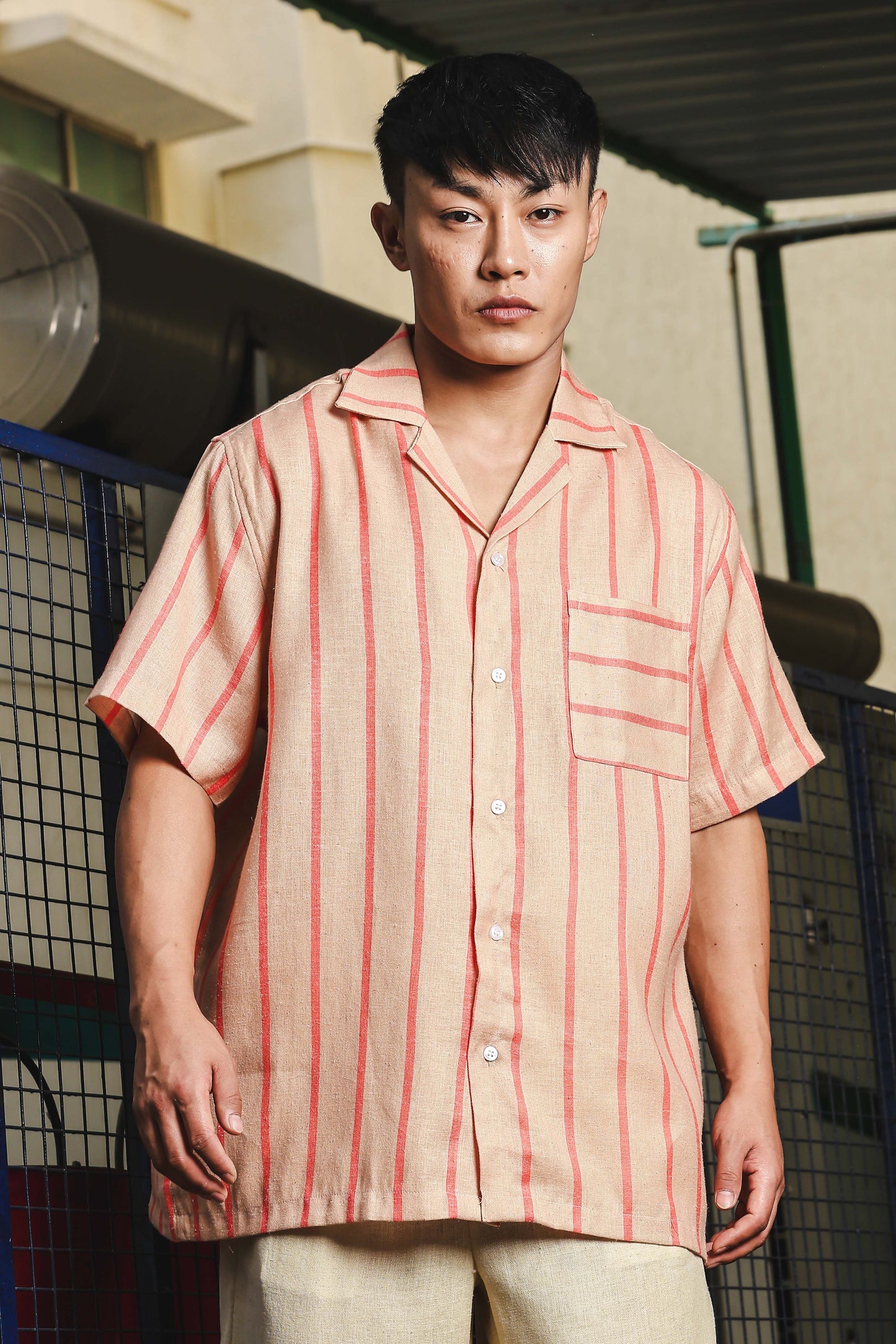 Linen Blend Beige Orange Striped Cuban Collar Classic Relaxed Fit Resort Shirt