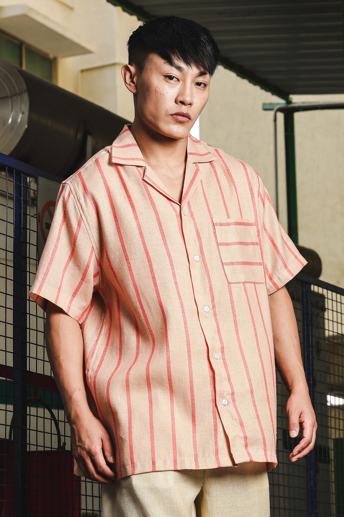 Linen Blend Beige Orange Striped Cuban Collar Classic Relaxed Fit Resort Shirt