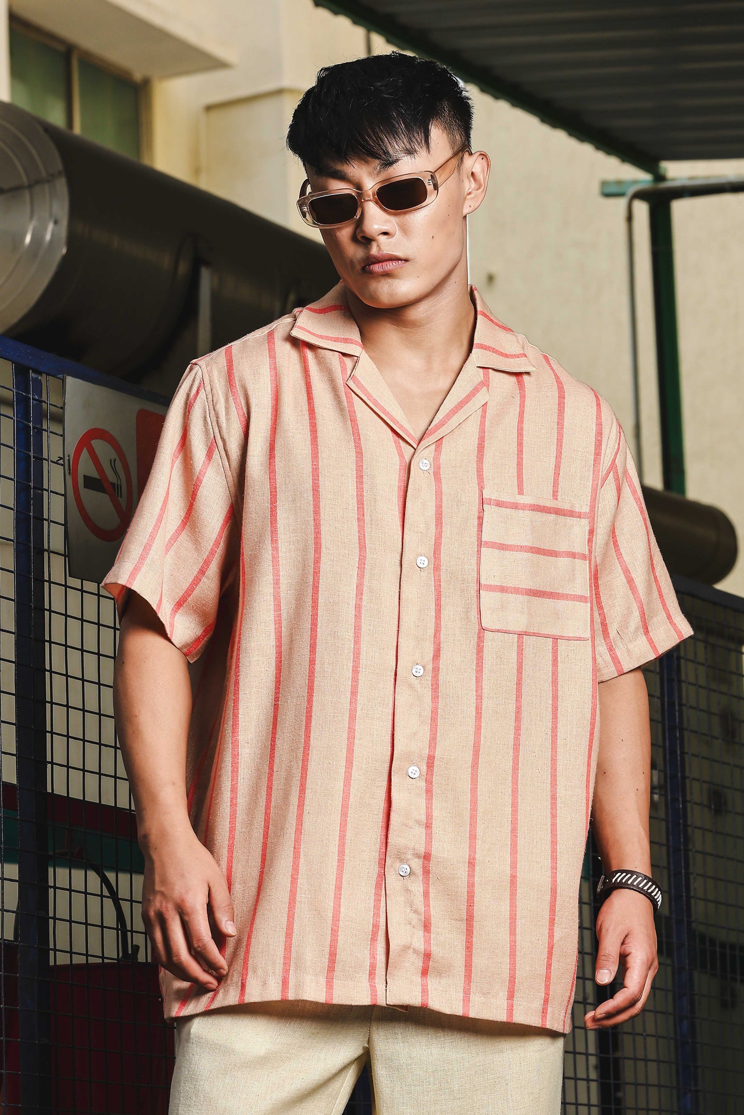 Linen Blend Beige Orange Striped Cuban Collar Classic Relaxed Fit Resort Shirt