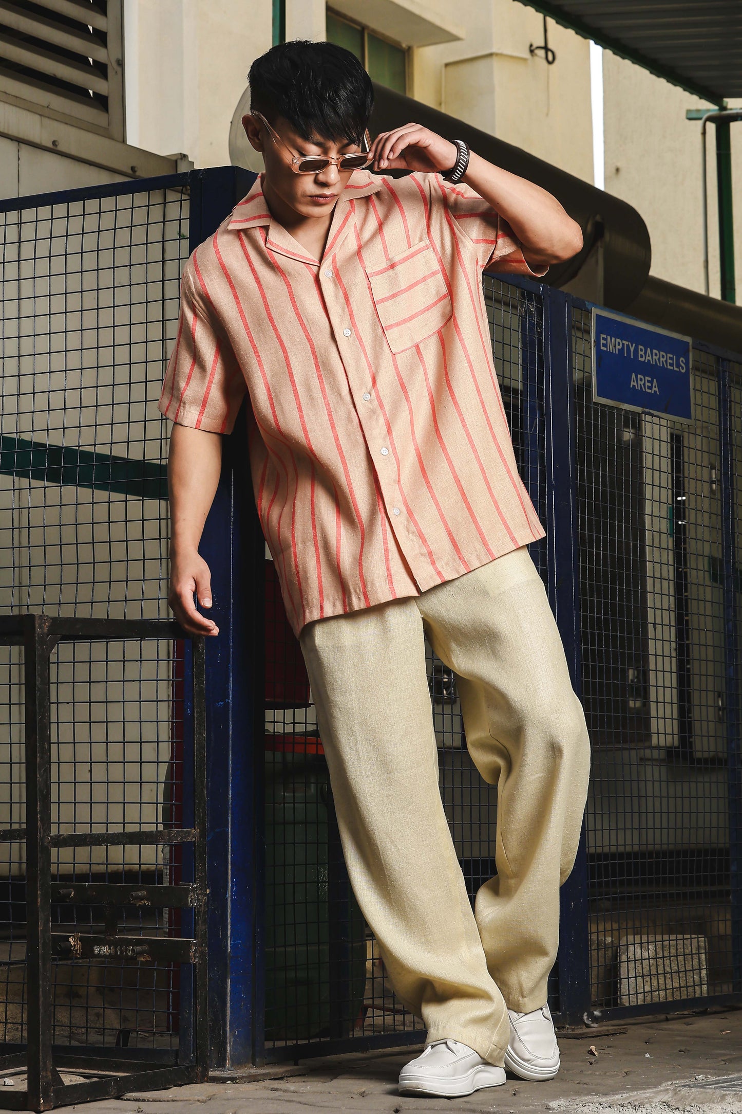 Linen Blend Beige Orange Striped Cuban Collar Classic Relaxed Fit Resort Shirt