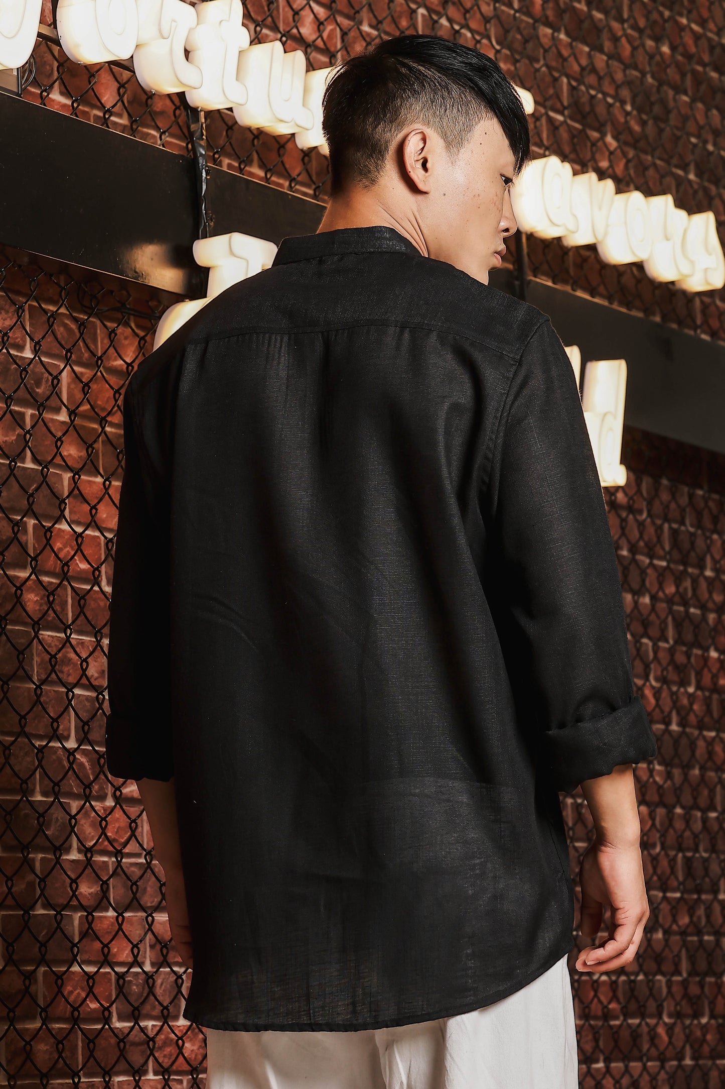 Black Linen Blend Mandarin Collar Relaxed Fit Shirt with Applique Pocket