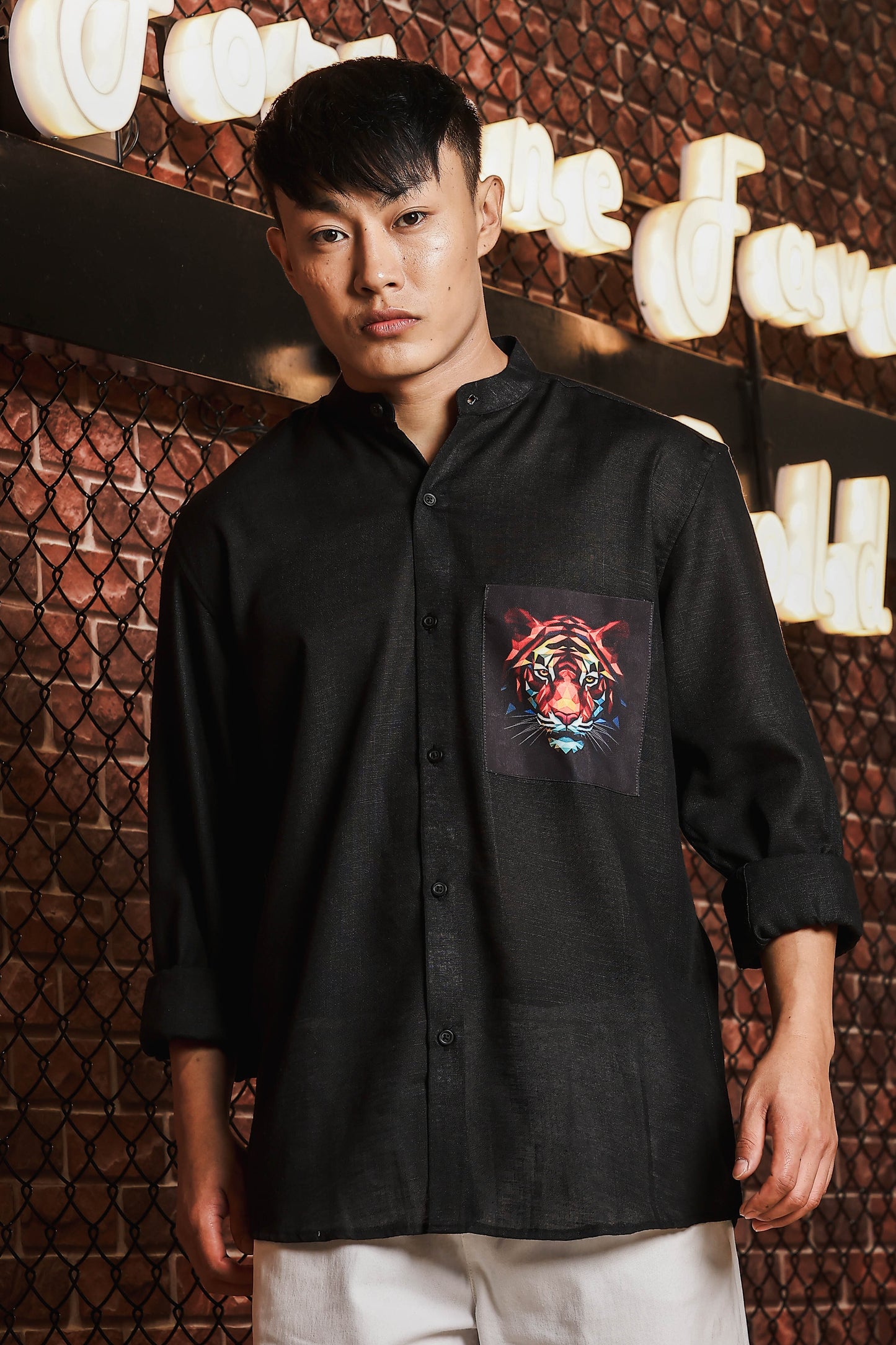 Black Linen Blend Mandarin Collar Relaxed Fit Shirt with Applique Pocket