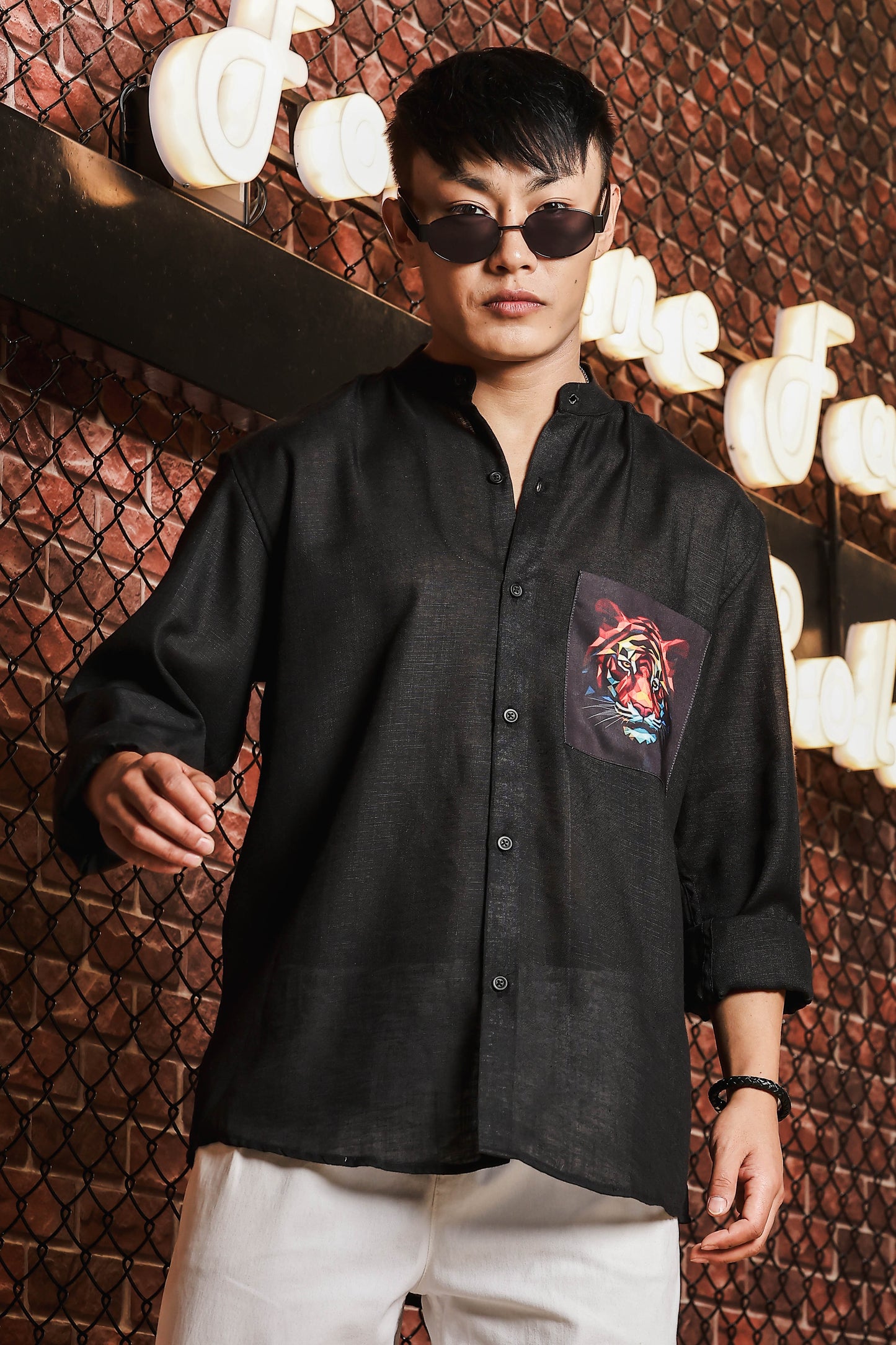 Black Linen Blend Mandarin Collar Relaxed Fit Shirt with Applique Pocket