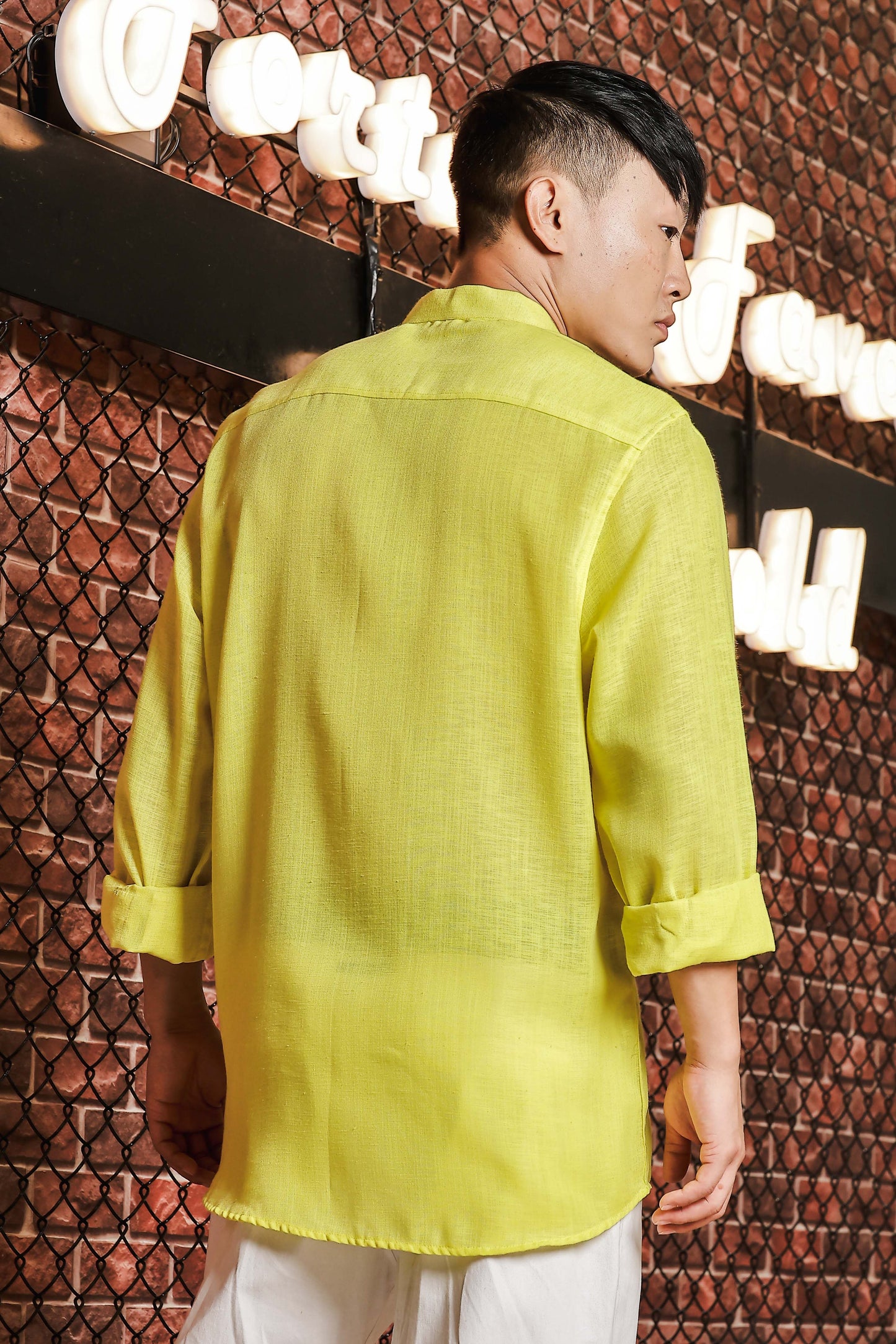 Linen Blend Lime Green Mandarin Collar Relaxed Fit Shirt